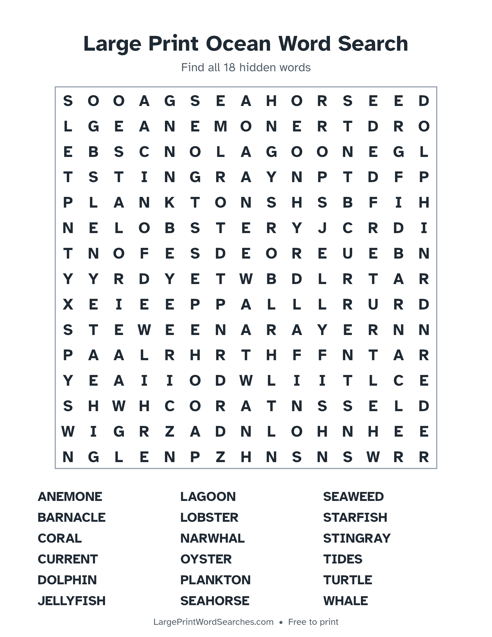 Large Print Ocean Word Search puzzle 1: a 15 by 15 letter grid with 18 hidden words in large print