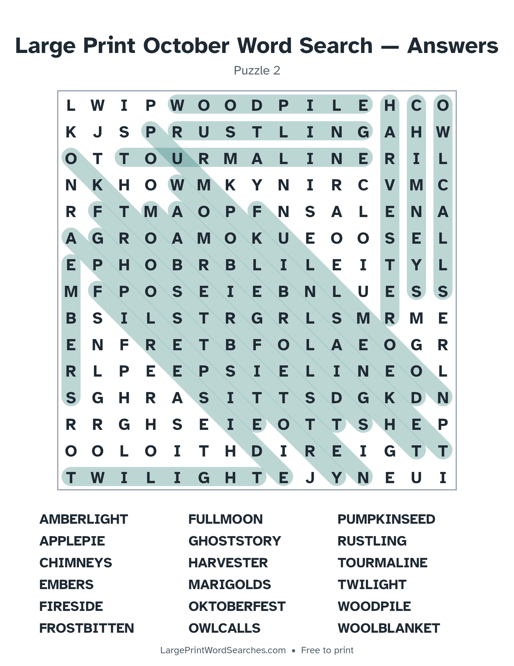Answer key for large print october word search puzzle 2 with every hidden word highlighted