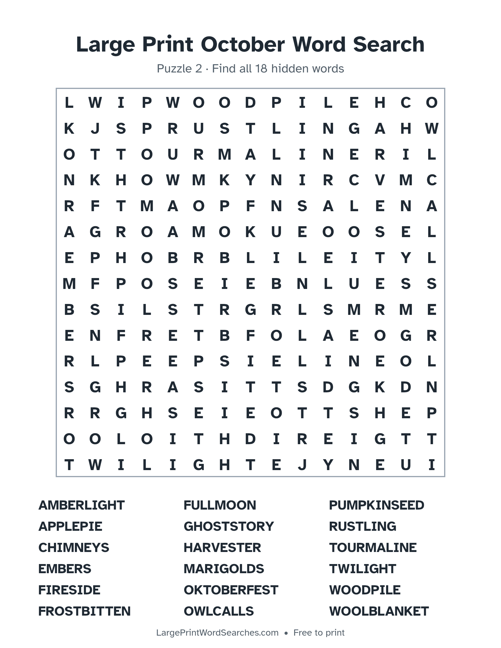 Large Print October Word Search puzzle 2: a 15 by 15 letter grid with 18 hidden words in large print