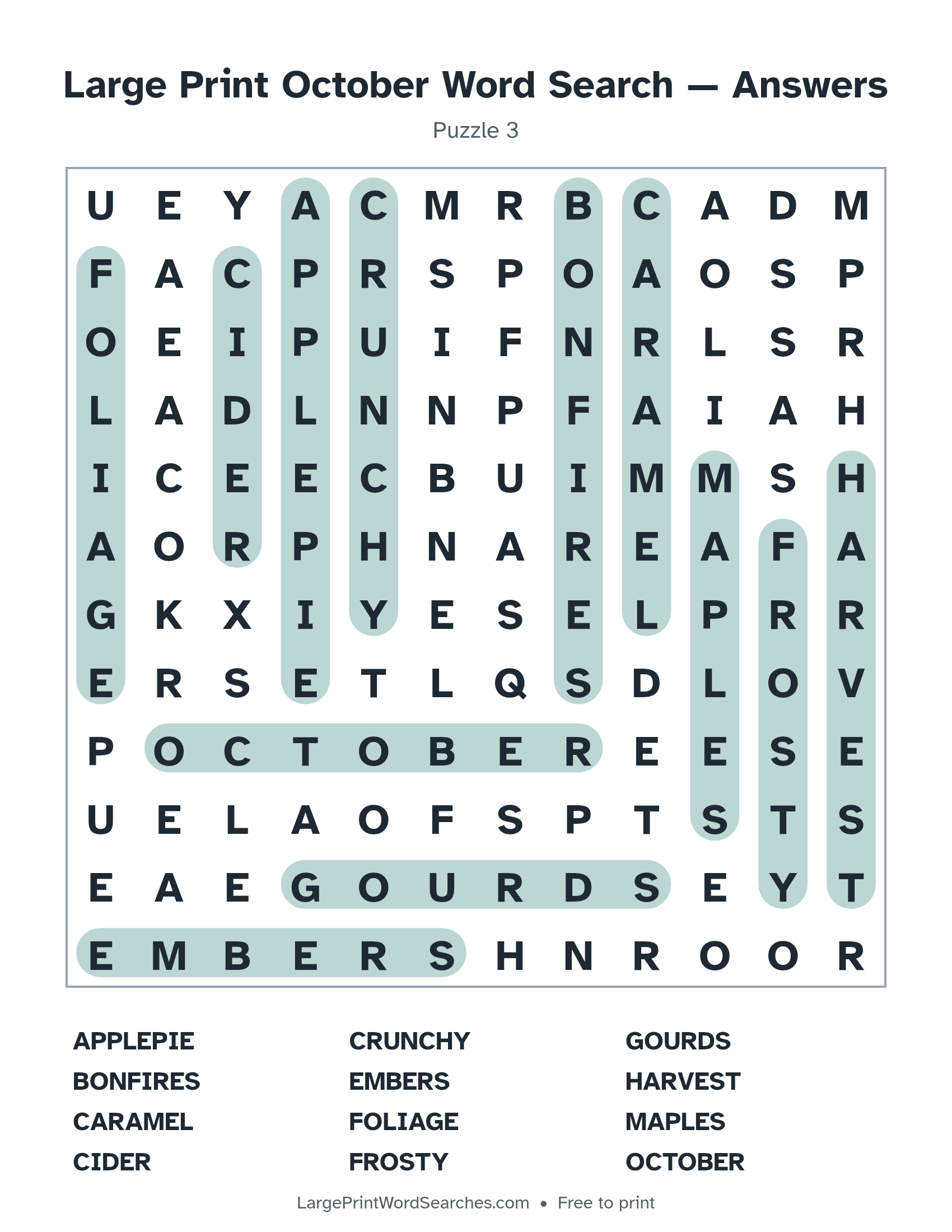 Answer key for large print october word search puzzle 3 with every hidden word highlighted