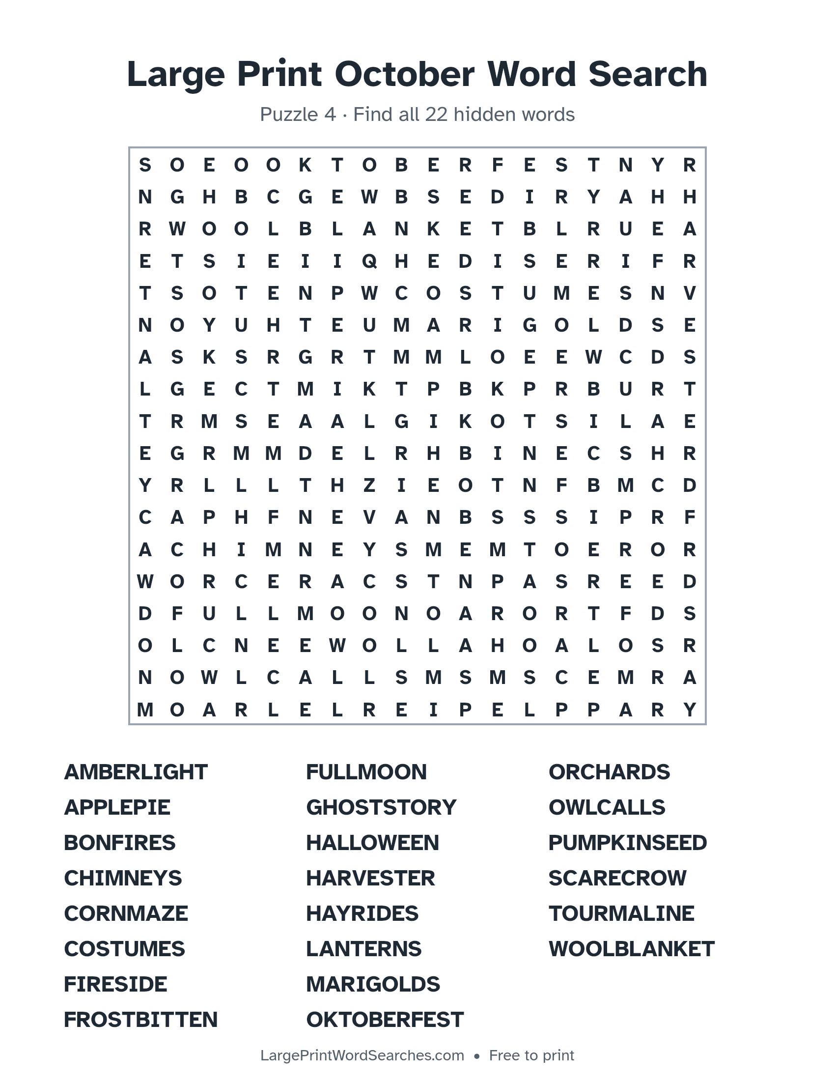Large Print October Word Search puzzle 4: a 18 by 18 letter grid with 22 hidden words in large print