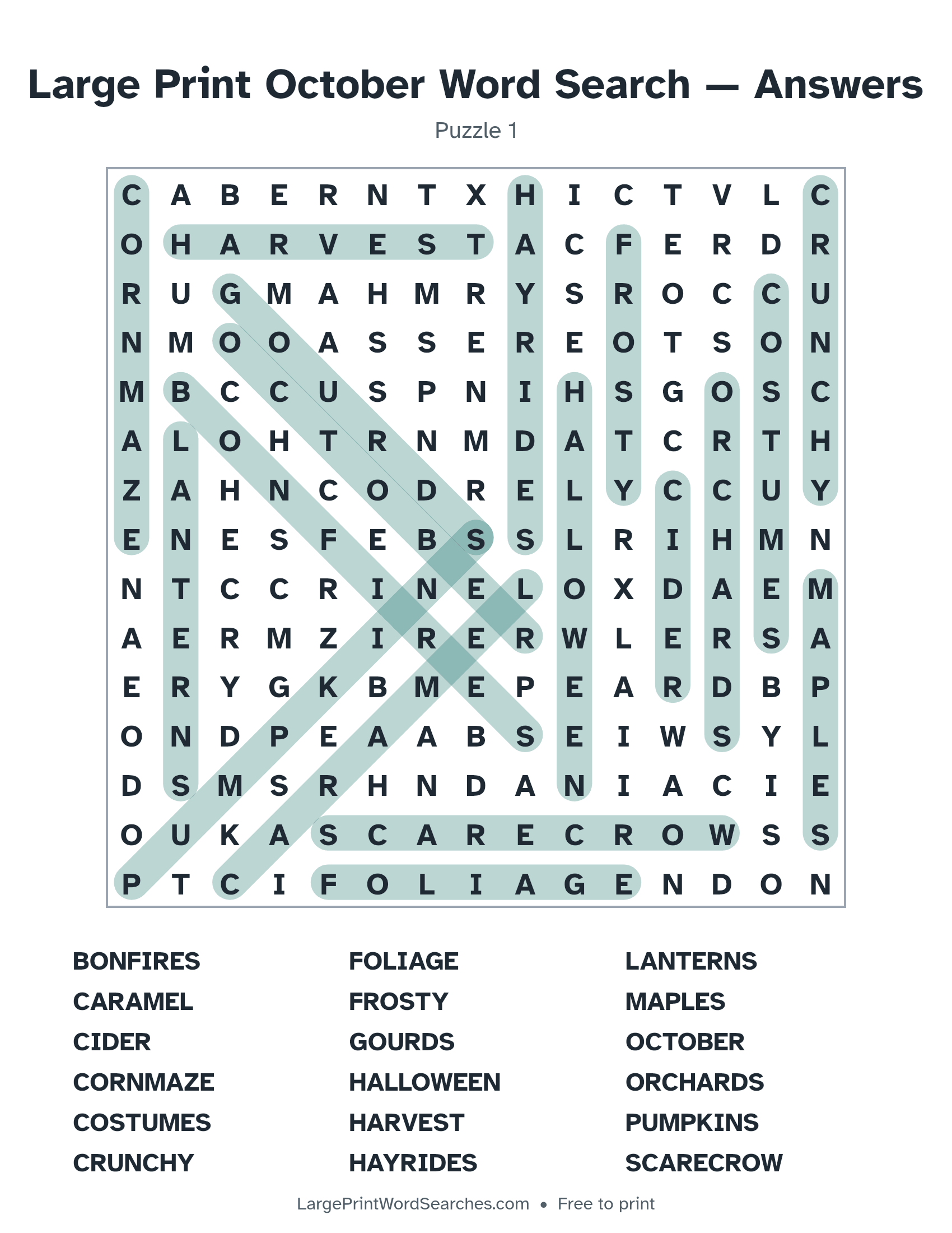 Answer key for large print october word search puzzle 1 with every hidden word highlighted