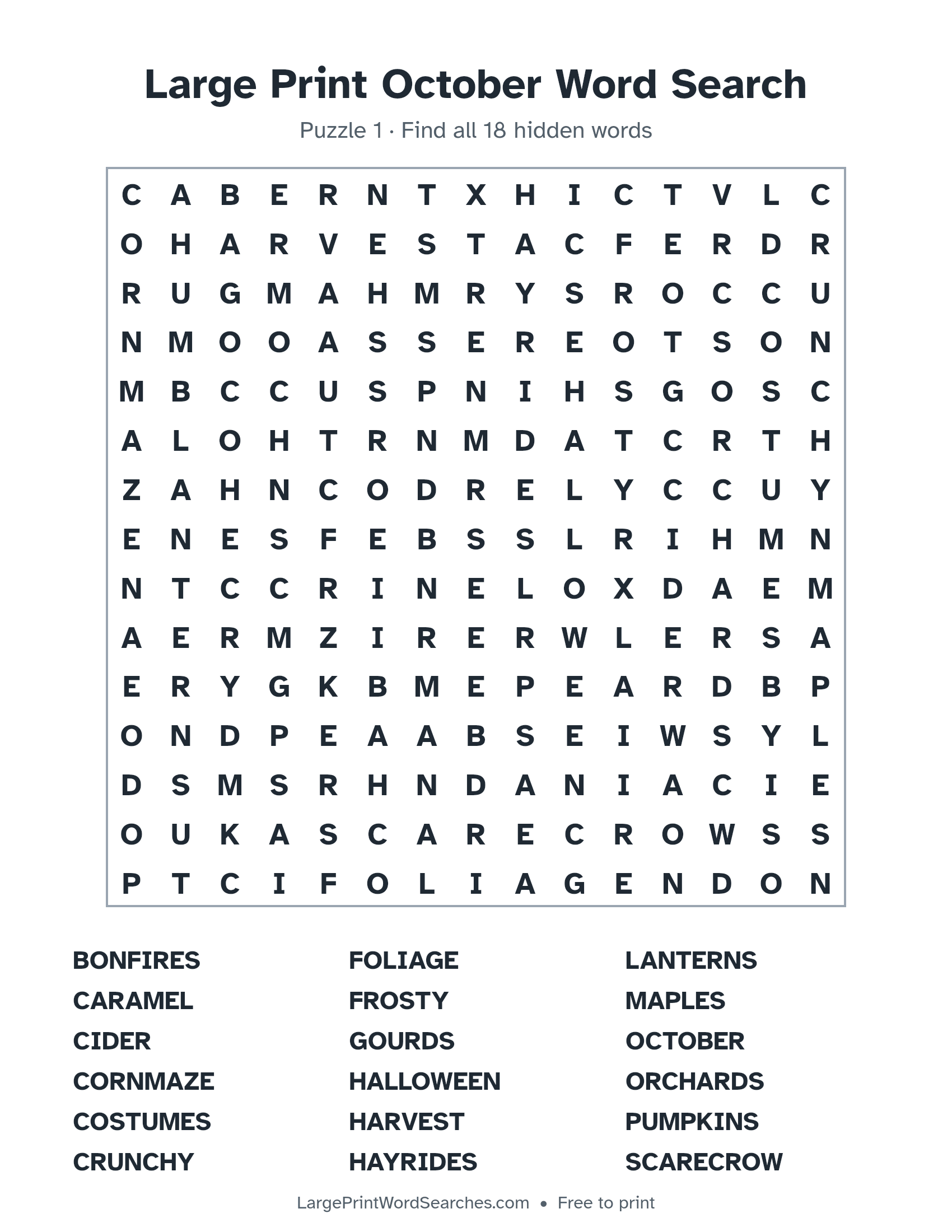 Large Print October Word Search puzzle 1: a 15 by 15 letter grid with 18 hidden words in large print