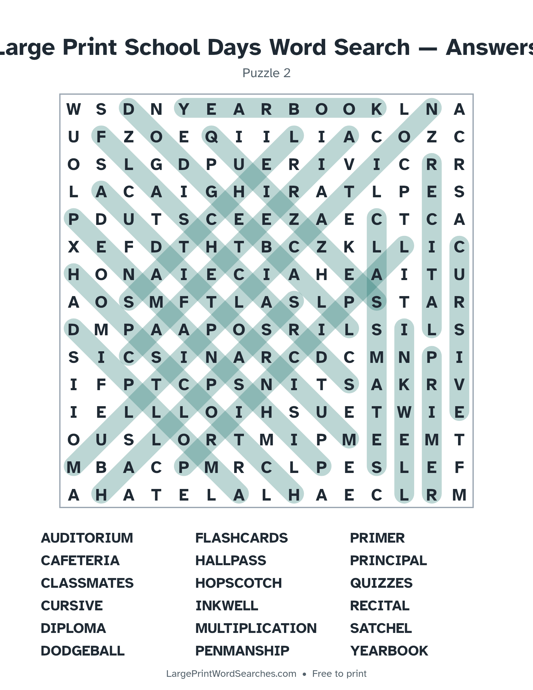 Answer key for large print school days word search puzzle 2 with every hidden word highlighted