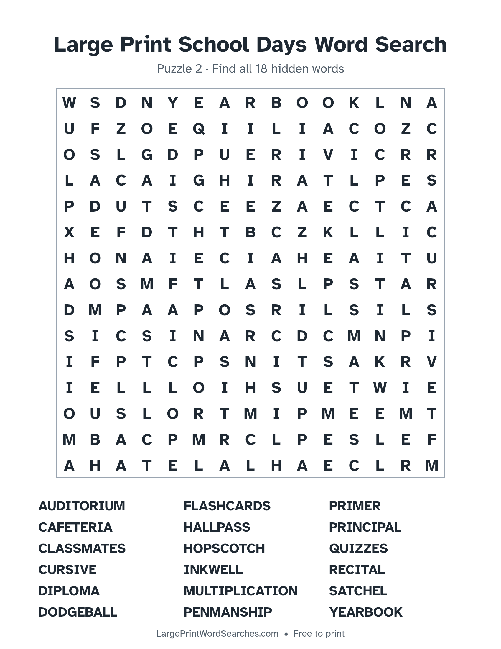 Large Print School Days Word Search puzzle 2: a 15 by 15 letter grid with 18 hidden words in large print