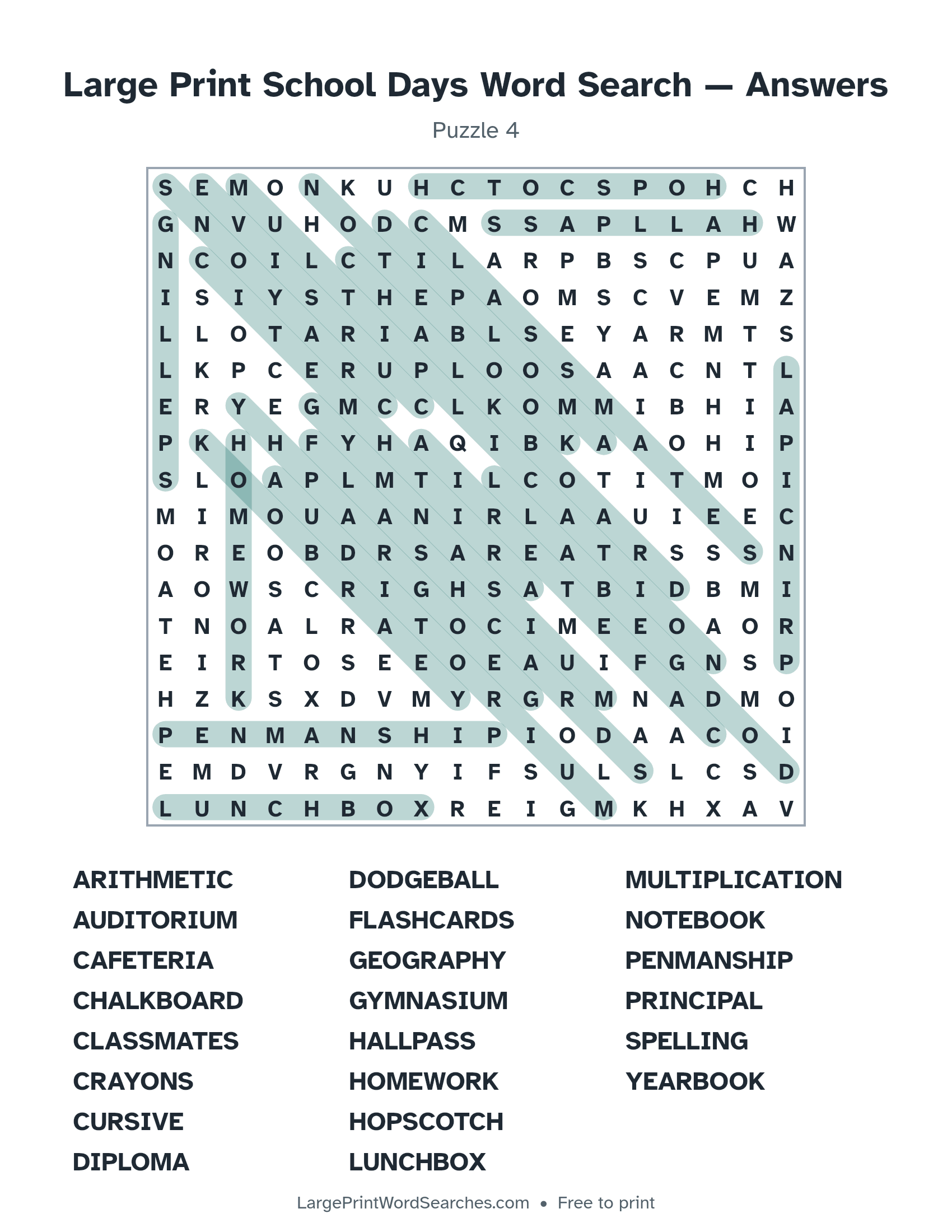 Answer key for large print school days word search puzzle 4 with every hidden word highlighted