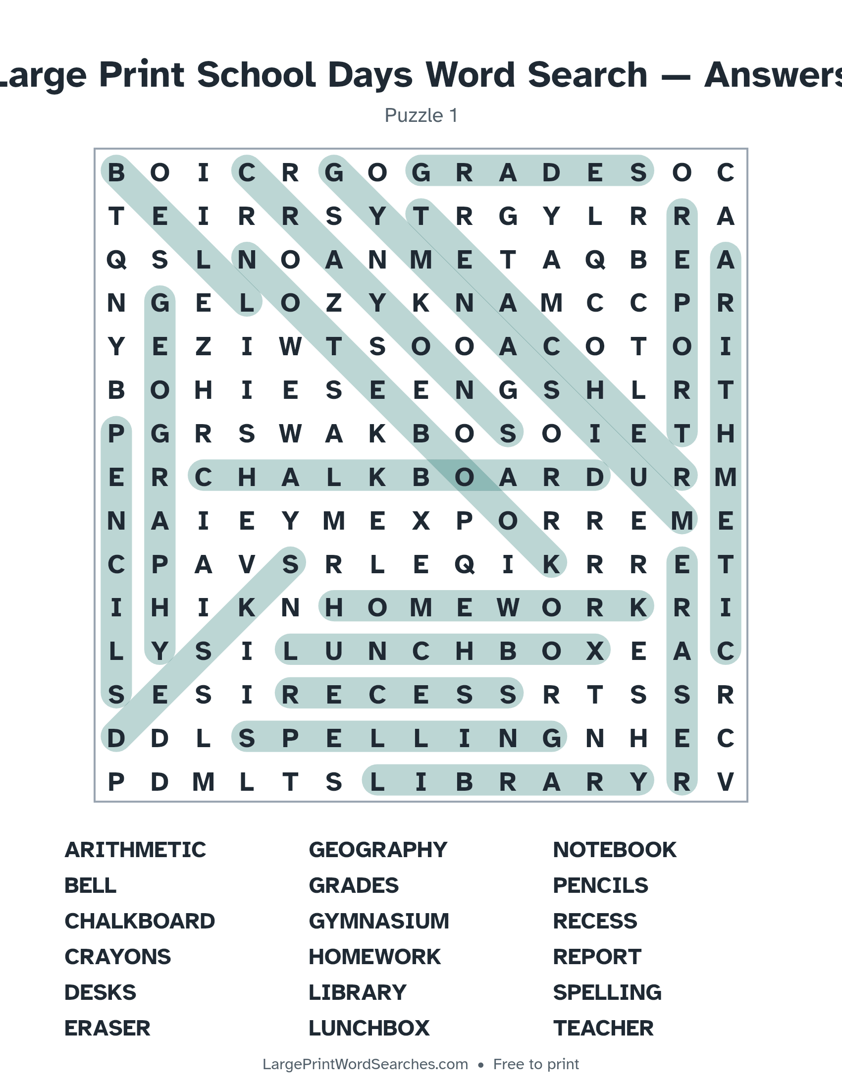 Answer key for large print school days word search puzzle 1 with every hidden word highlighted