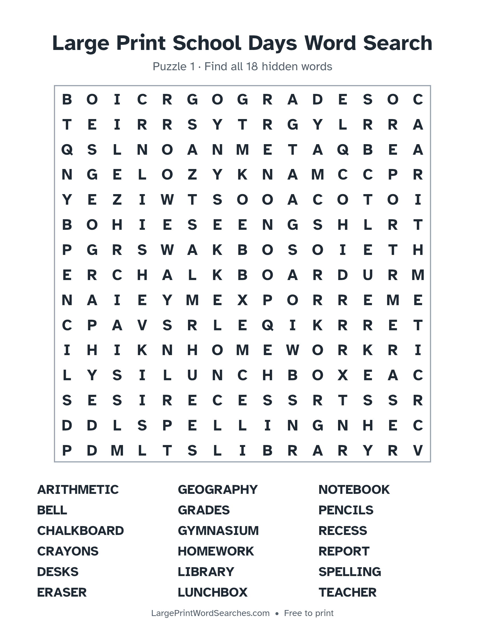 Large Print School Days Word Search puzzle 1: a 15 by 15 letter grid with 18 hidden words in large print