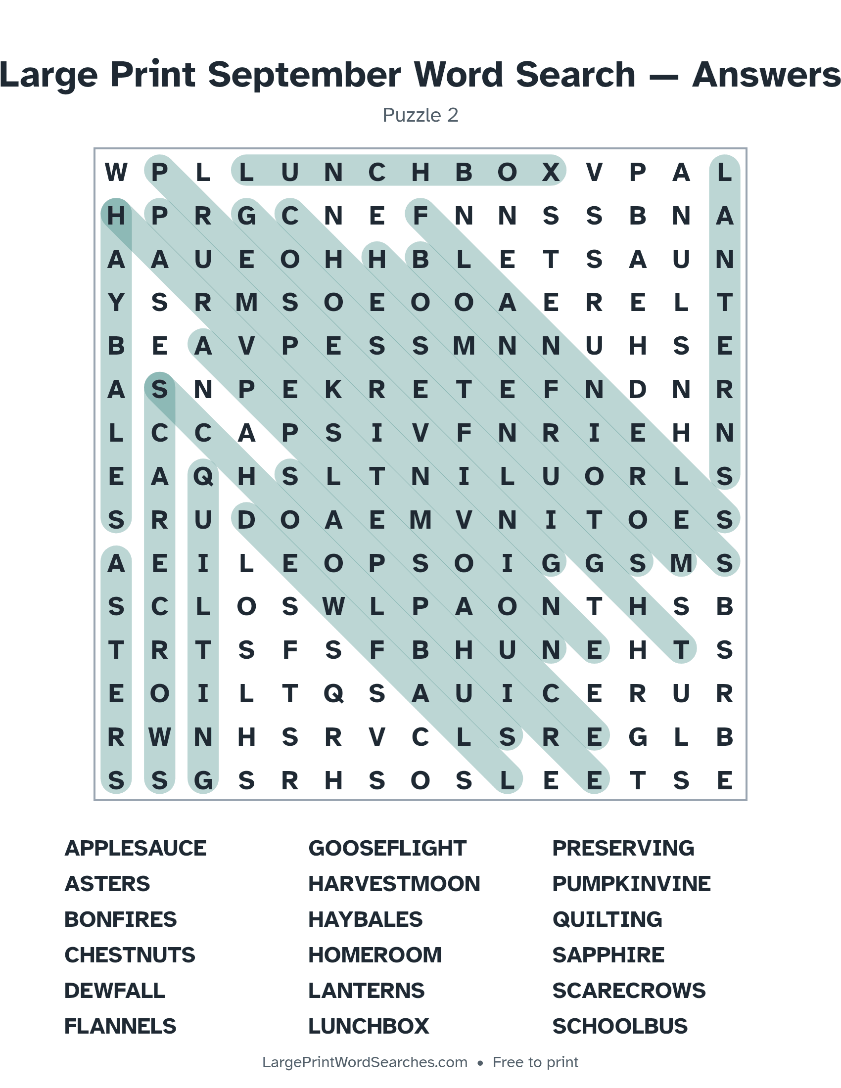 Answer key for large print september word search puzzle 2 with every hidden word highlighted