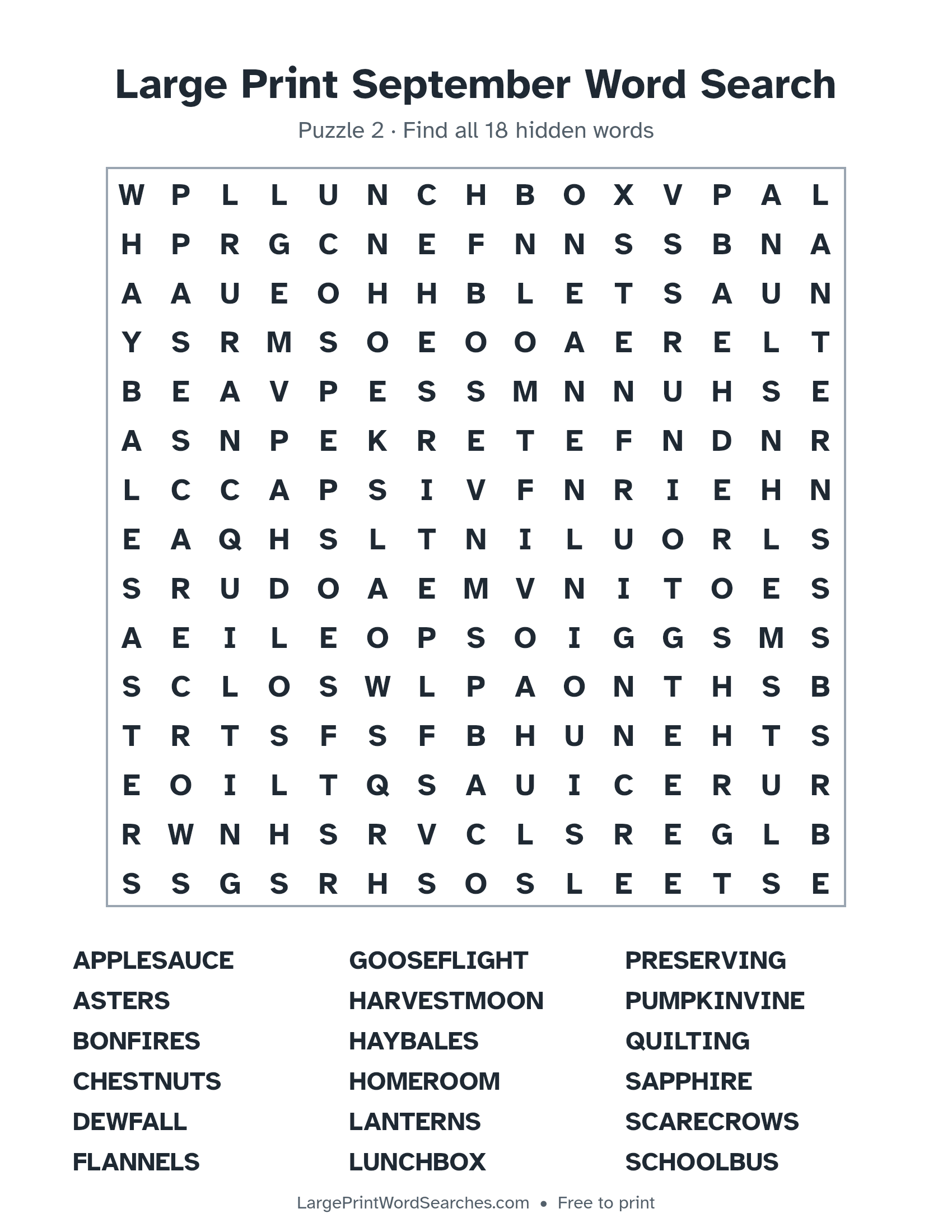 Large Print September Word Search puzzle 2: a 15 by 15 letter grid with 18 hidden words in large print