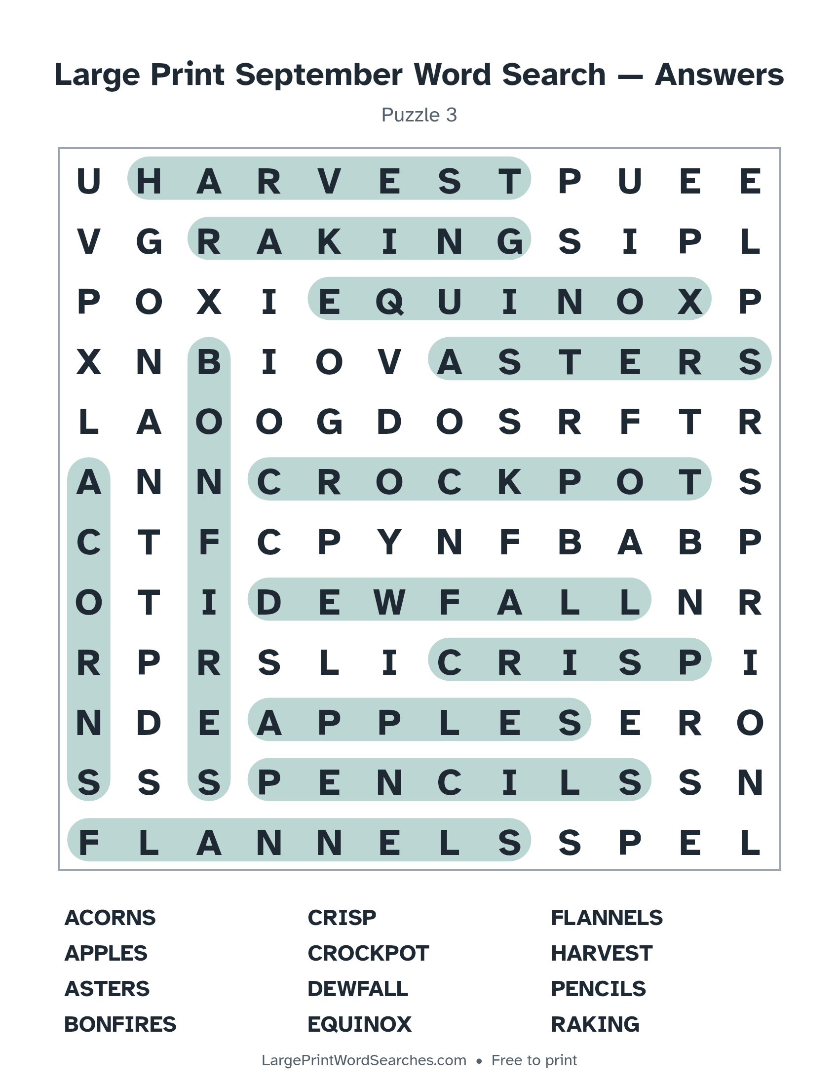 Answer key for large print september word search puzzle 3 with every hidden word highlighted