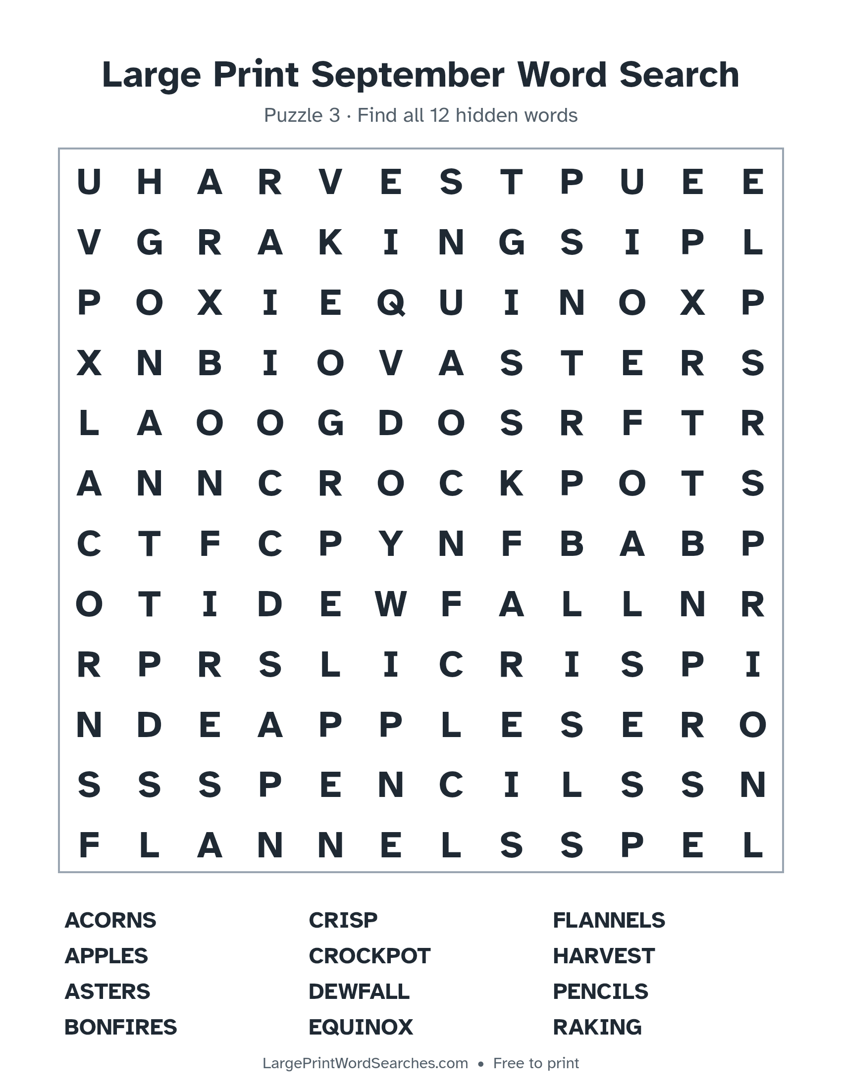 Large Print September Word Search puzzle 3: a 12 by 12 letter grid with 12 hidden words in large print