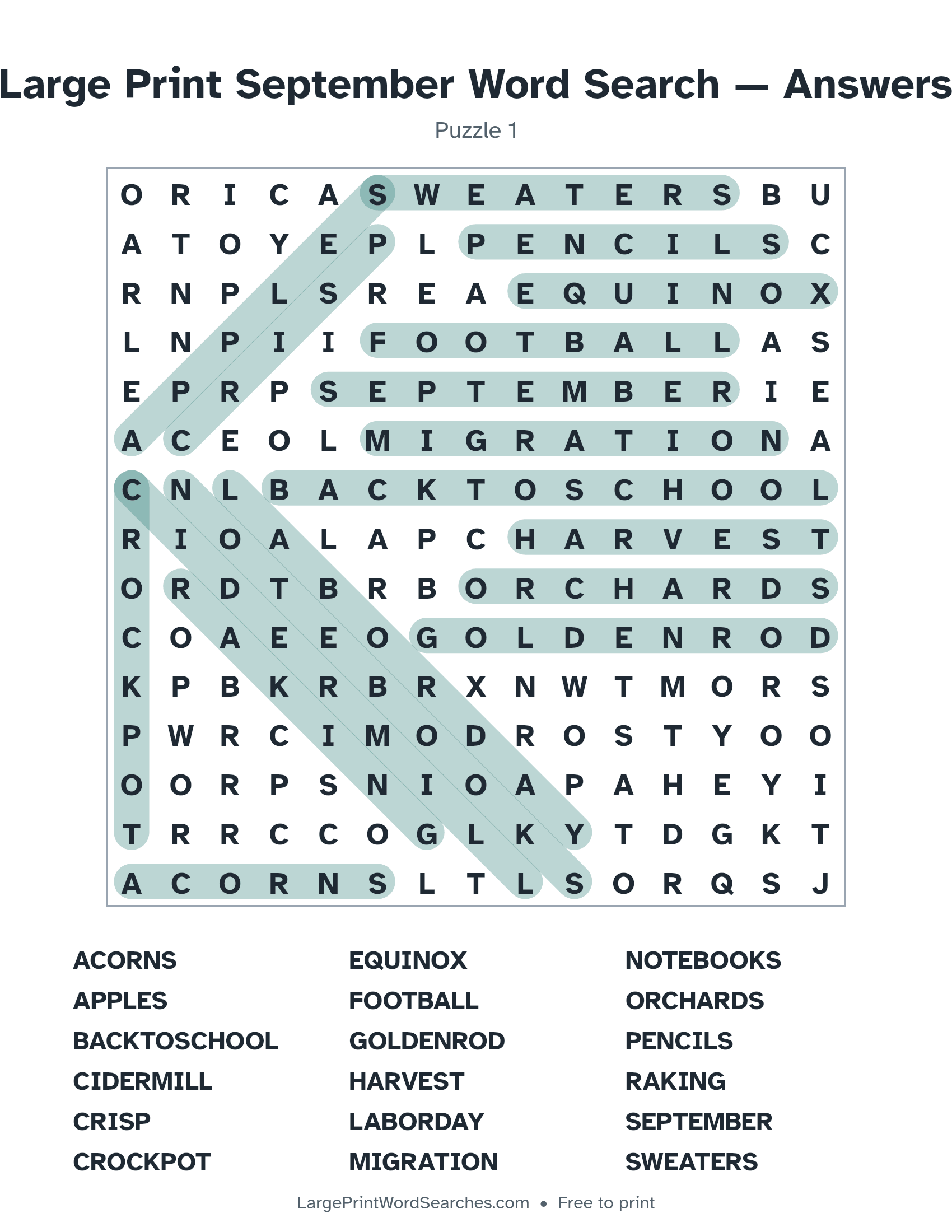 Answer key for large print september word search puzzle 1 with every hidden word highlighted
