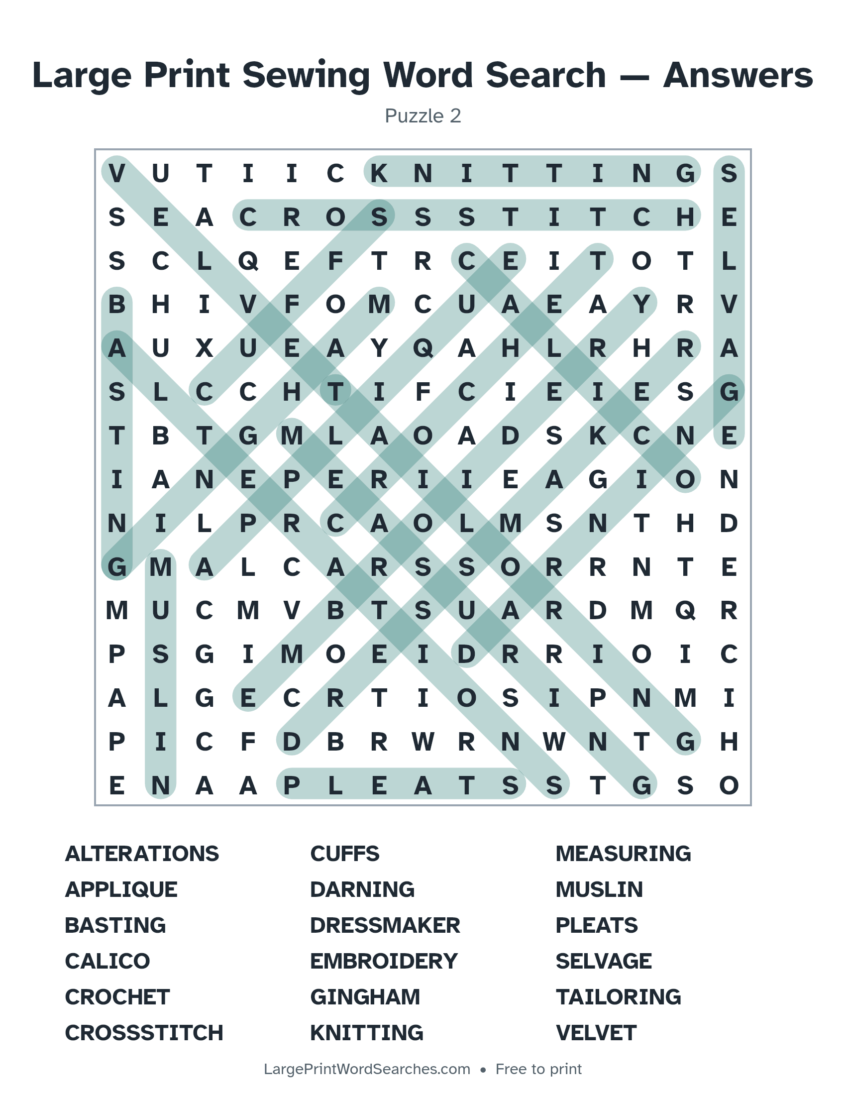 Answer key for large print sewing word search puzzle 2 with every hidden word highlighted