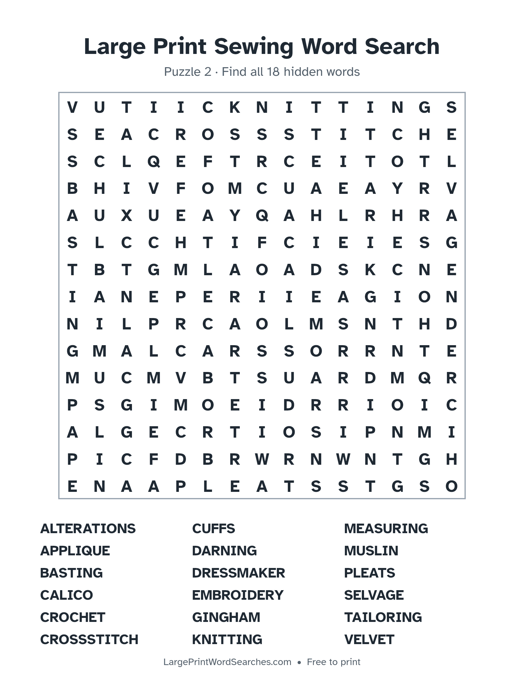 Large Print Sewing Word Search puzzle 2: a 15 by 15 letter grid with 18 hidden words in large print