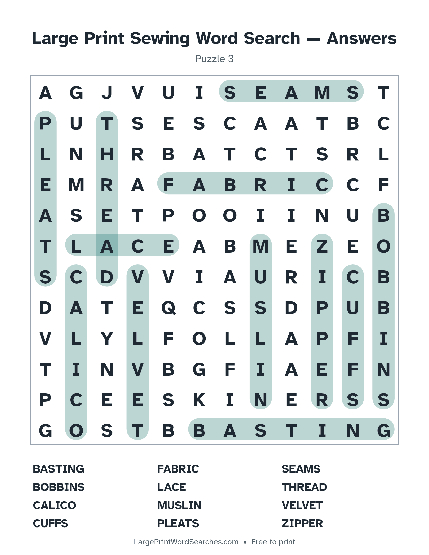 Answer key for large print sewing word search puzzle 3 with every hidden word highlighted