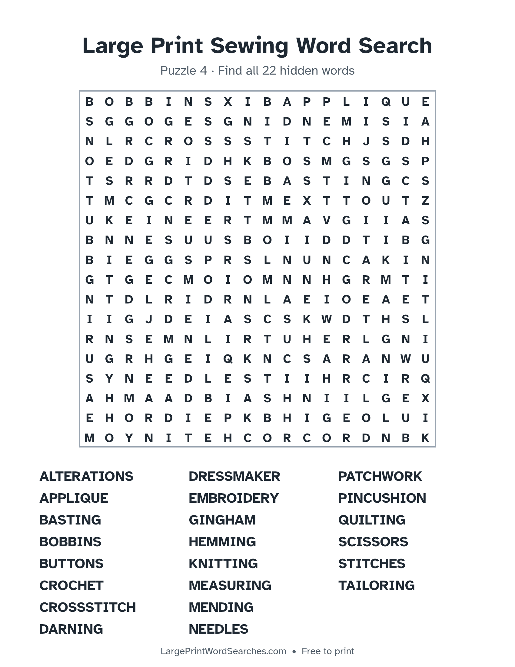 Large Print Sewing Word Search puzzle 4: a 18 by 18 letter grid with 22 hidden words in large print