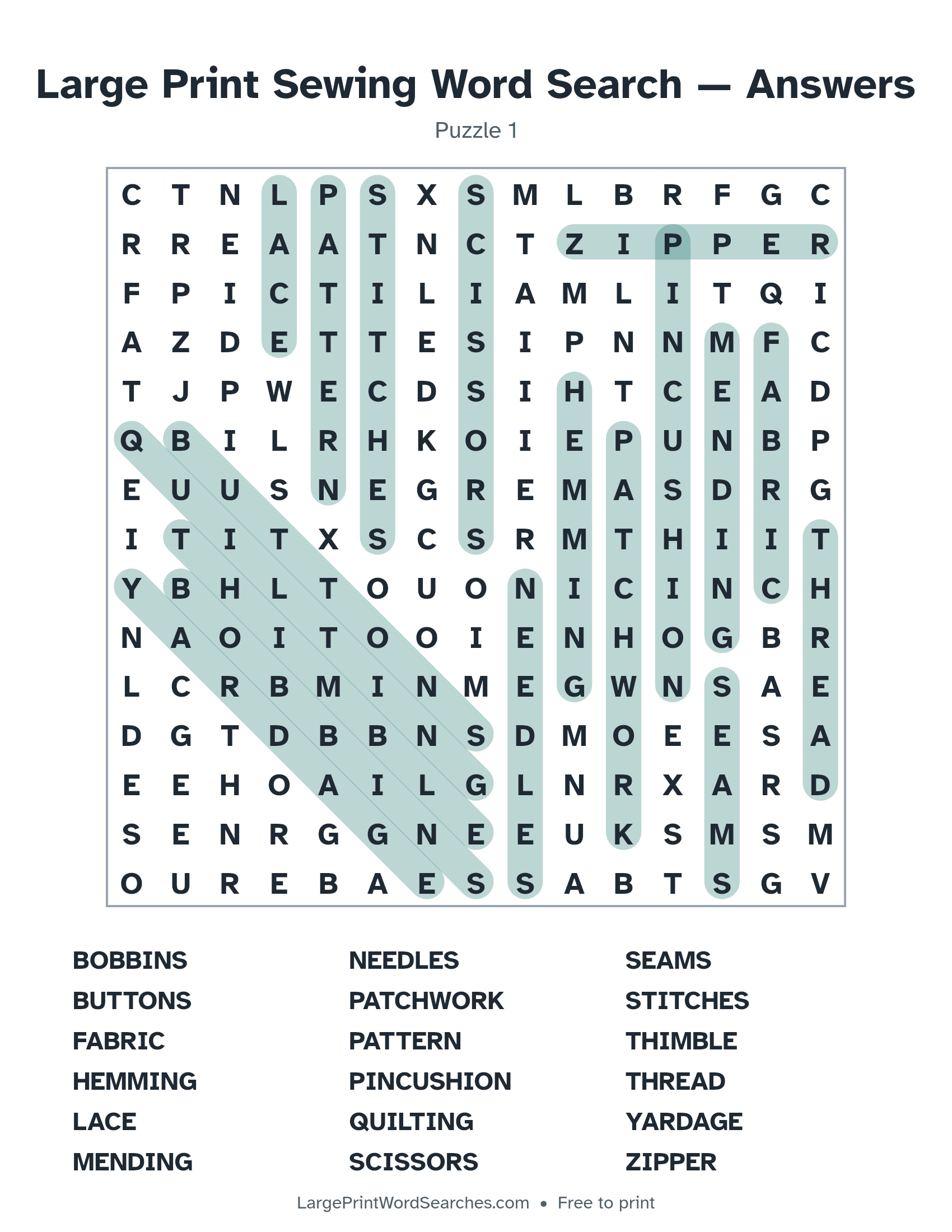 Answer key for large print sewing word search puzzle 1 with every hidden word highlighted