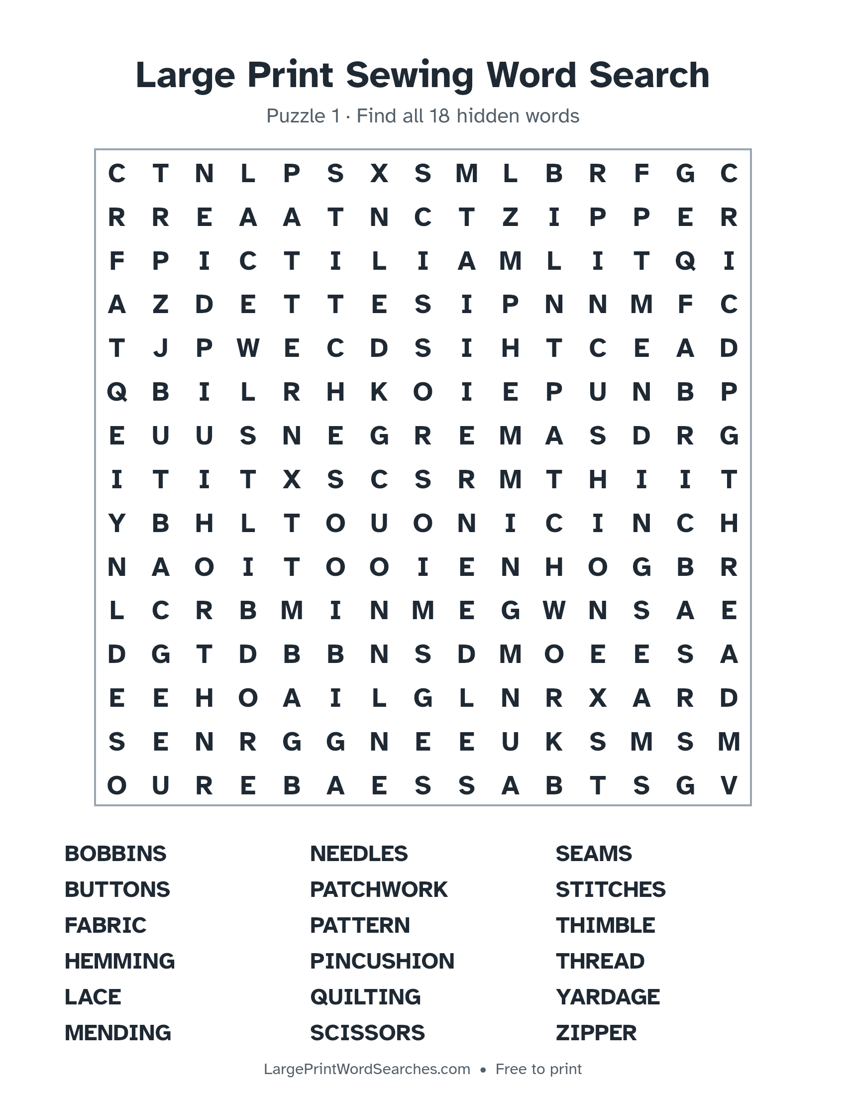 Large Print Sewing Word Search puzzle 1: a 15 by 15 letter grid with 18 hidden words in large print