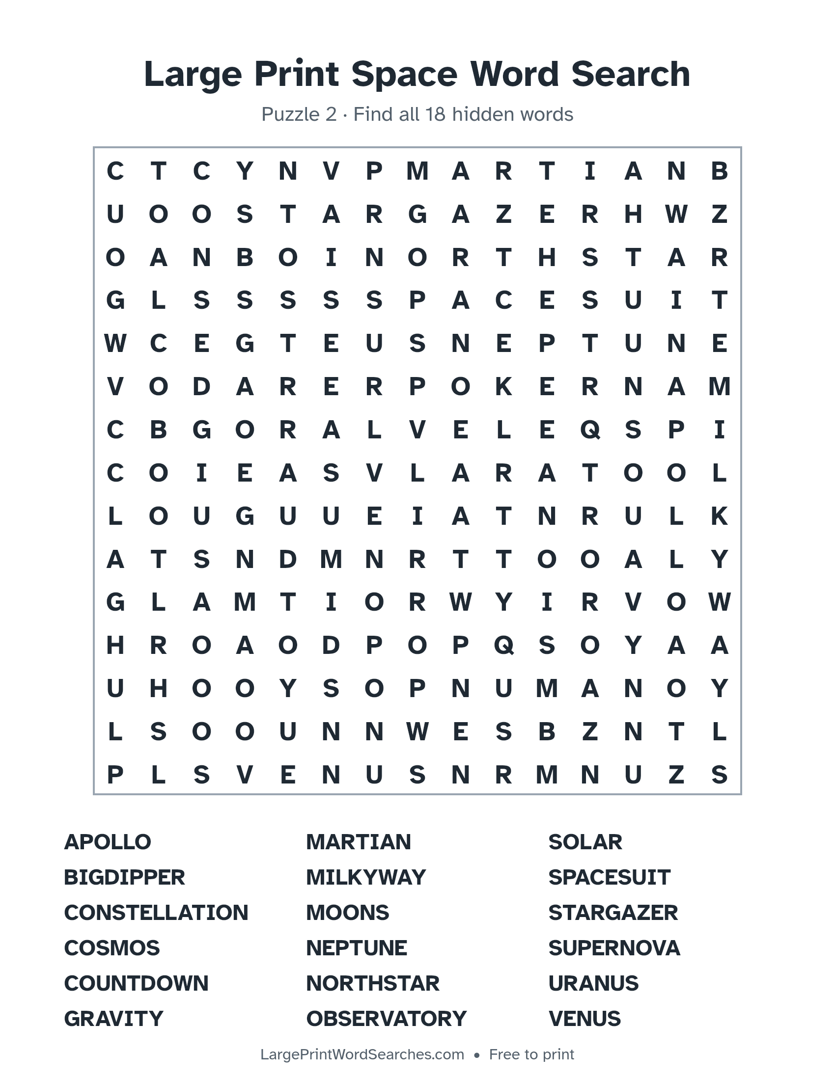 Large Print Space Word Search puzzle 2: a 15 by 15 letter grid with 18 hidden words in large print
