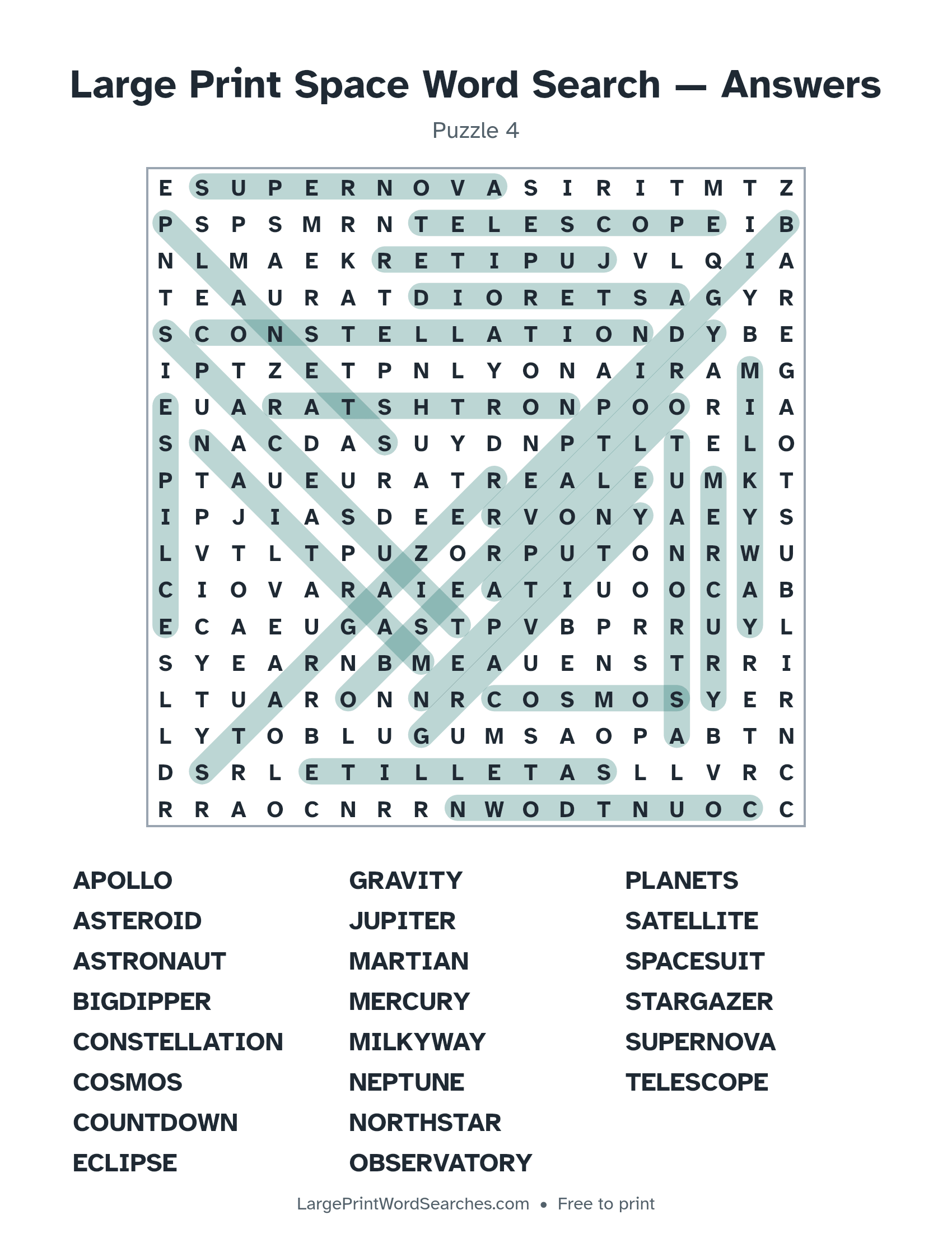 Answer key for large print space word search puzzle 4 with every hidden word highlighted