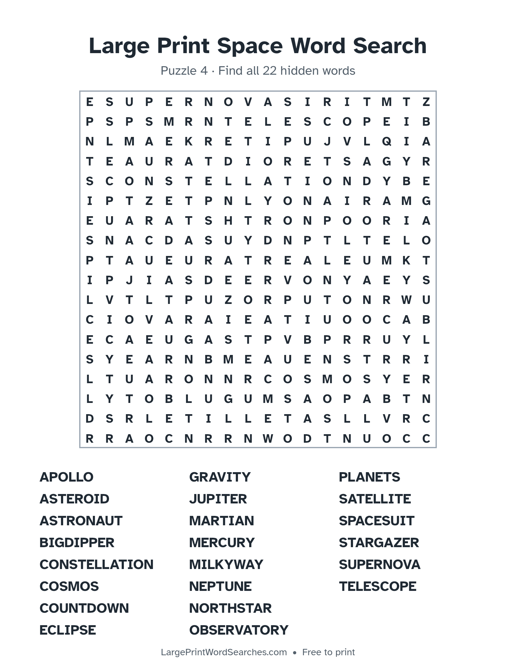 Large Print Space Word Search puzzle 4: a 18 by 18 letter grid with 22 hidden words in large print