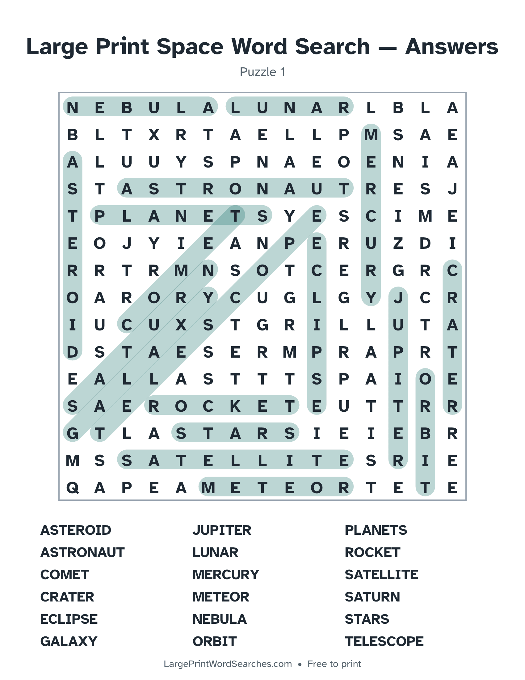 Answer key for large print space word search puzzle 1 with every hidden word highlighted