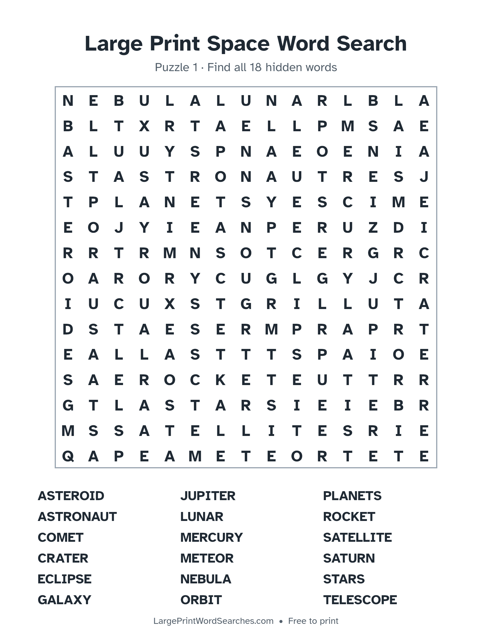 Large Print Space Word Search puzzle 1: a 15 by 15 letter grid with 18 hidden words in large print