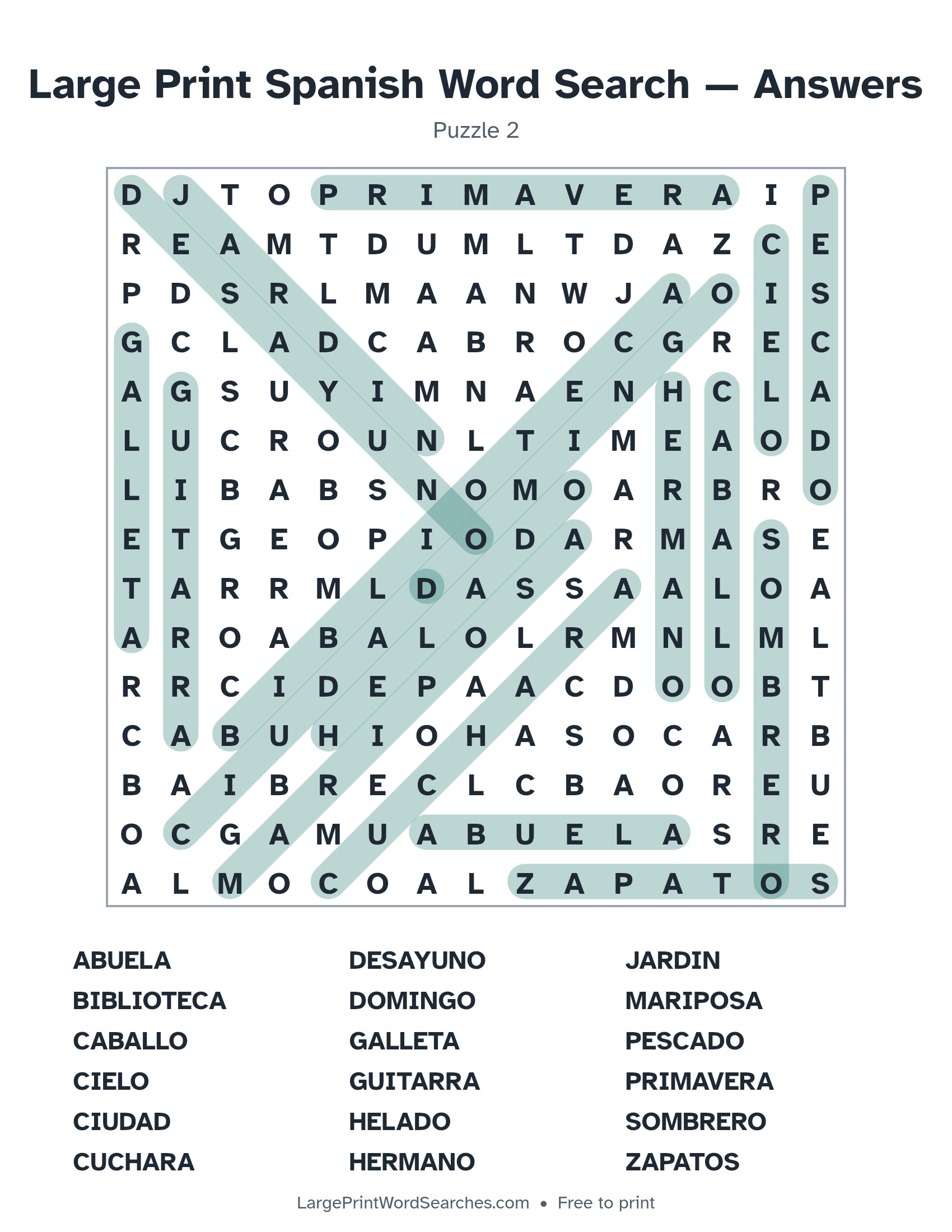 Answer key for large print spanish word search puzzle 2 with every hidden word highlighted