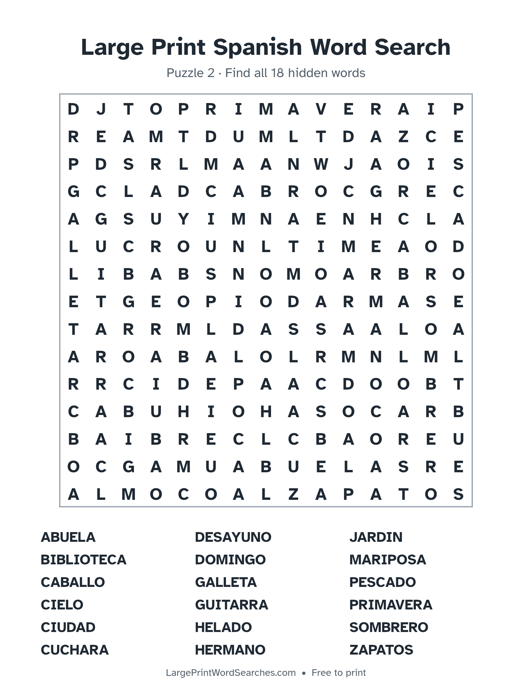 Large Print Spanish Word Search puzzle 2: a 15 by 15 letter grid with 18 hidden words in large print