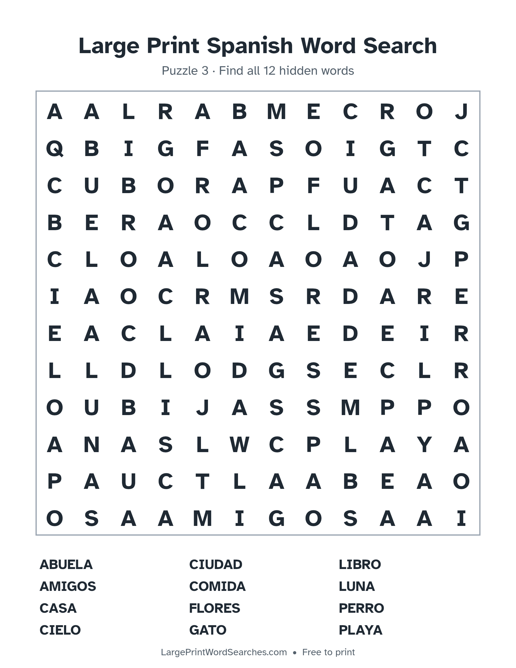 Large Print Spanish Word Search puzzle 3: a 12 by 12 letter grid with 12 hidden words in large print