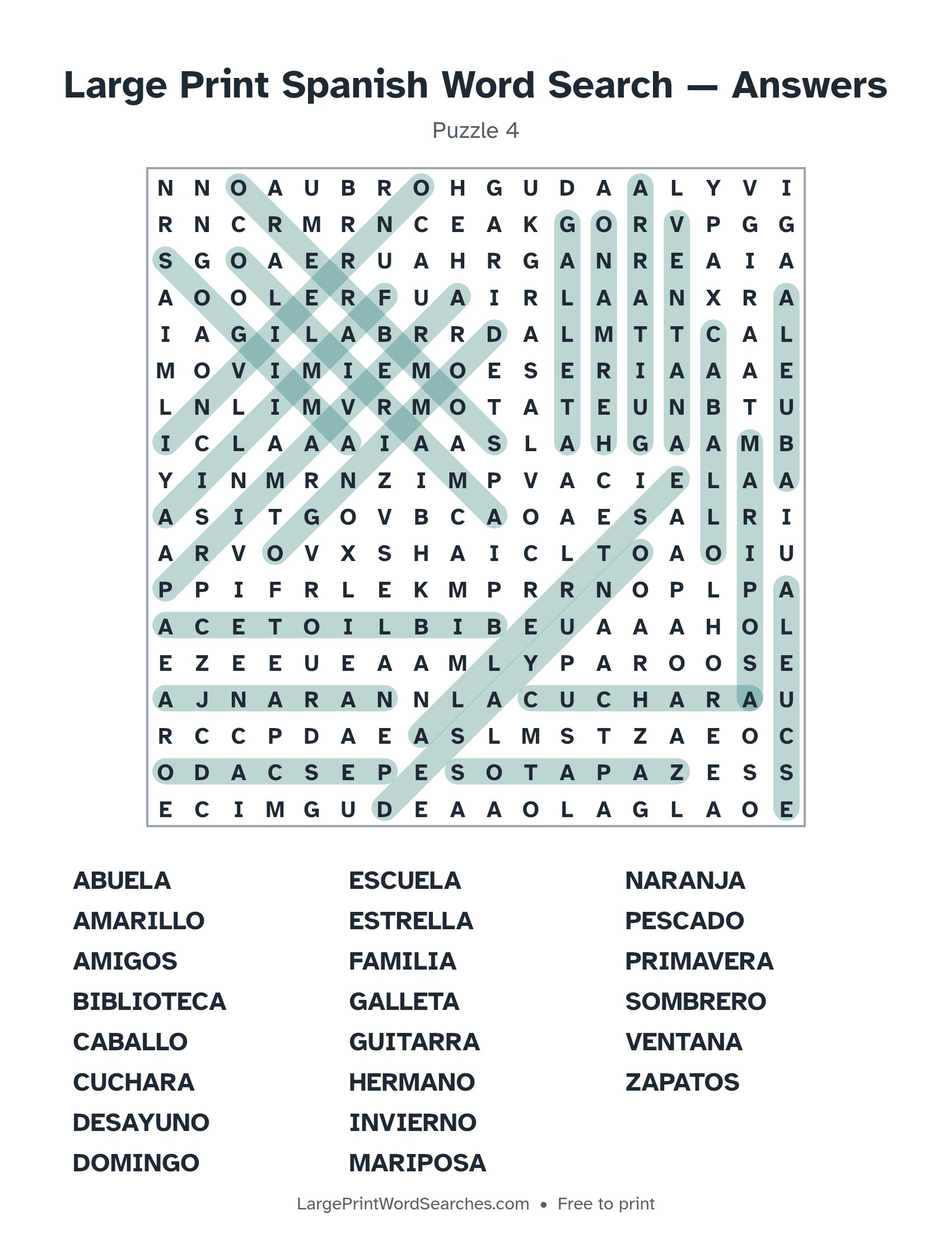 Answer key for large print spanish word search puzzle 4 with every hidden word highlighted