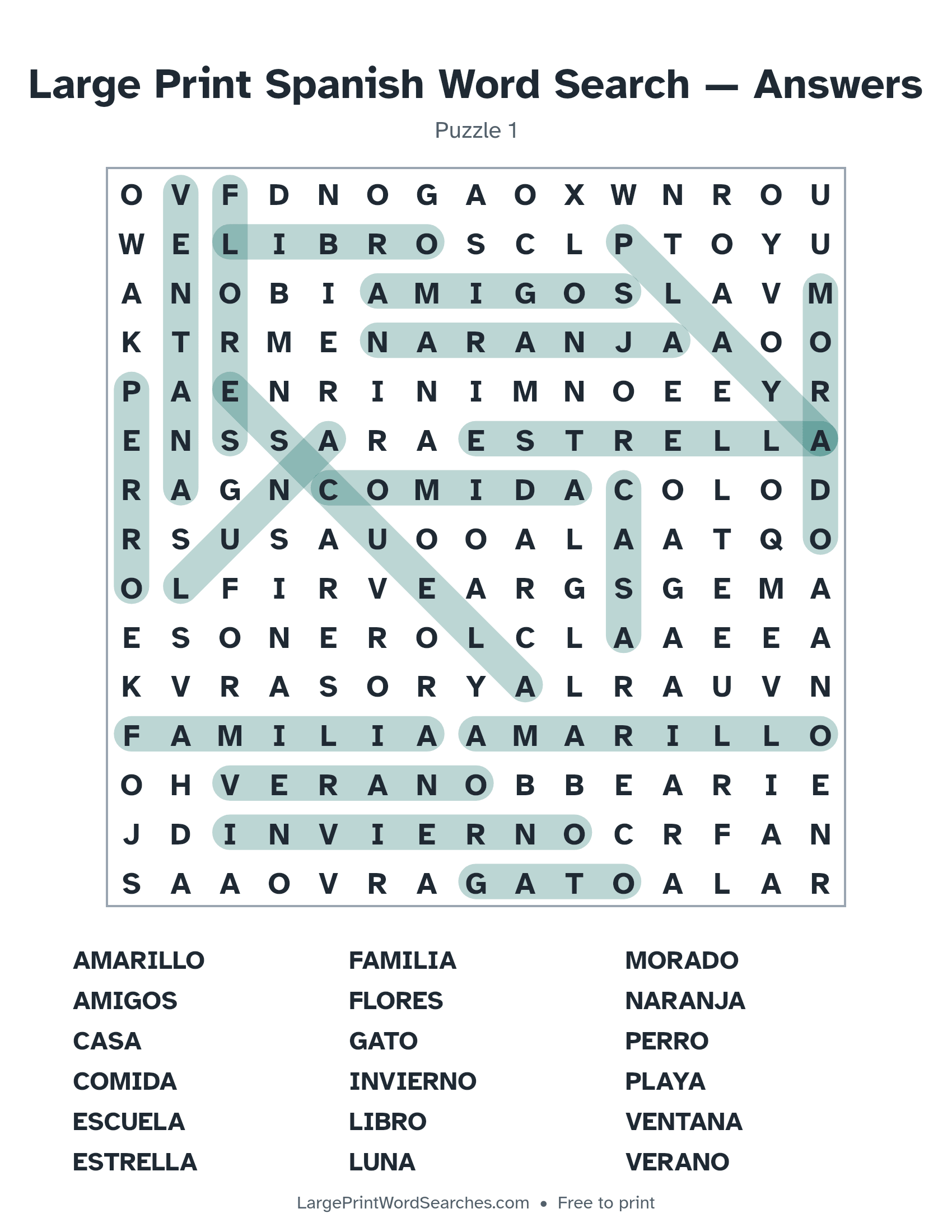 Answer key for large print spanish word search puzzle 1 with every hidden word highlighted