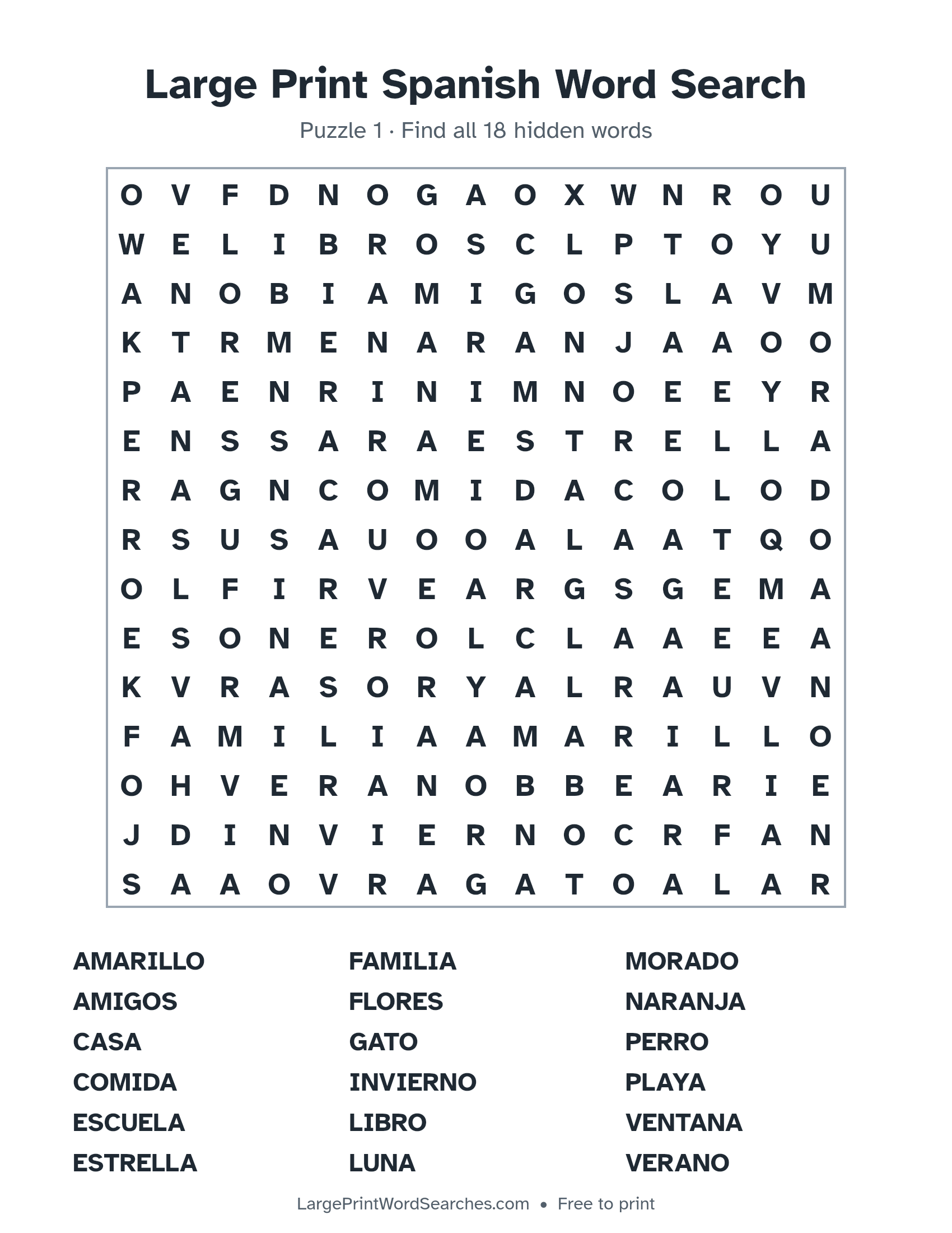 Large Print Spanish Word Search puzzle 1: a 15 by 15 letter grid with 18 hidden words in large print