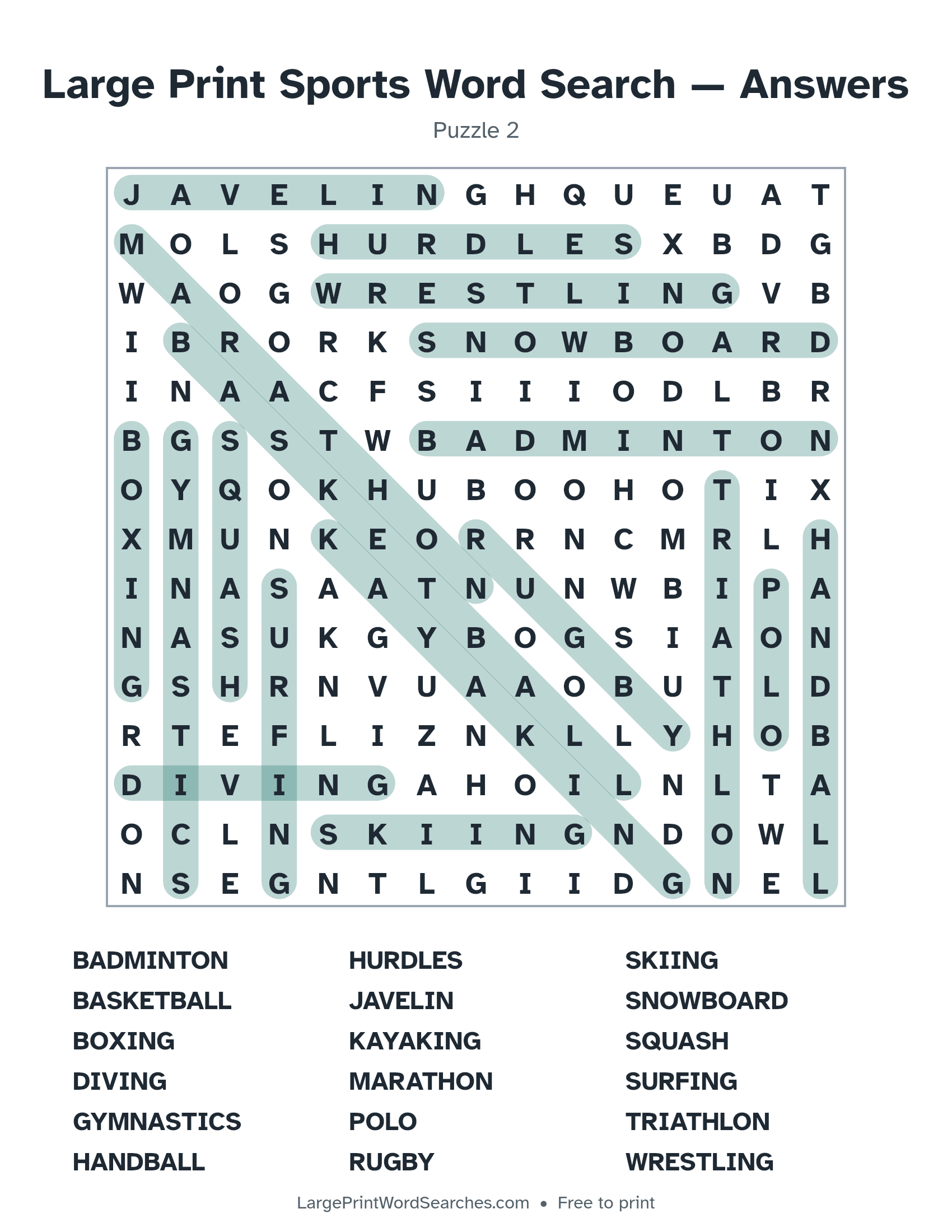 Answer key for large print sports word search puzzle 2 with every hidden word highlighted