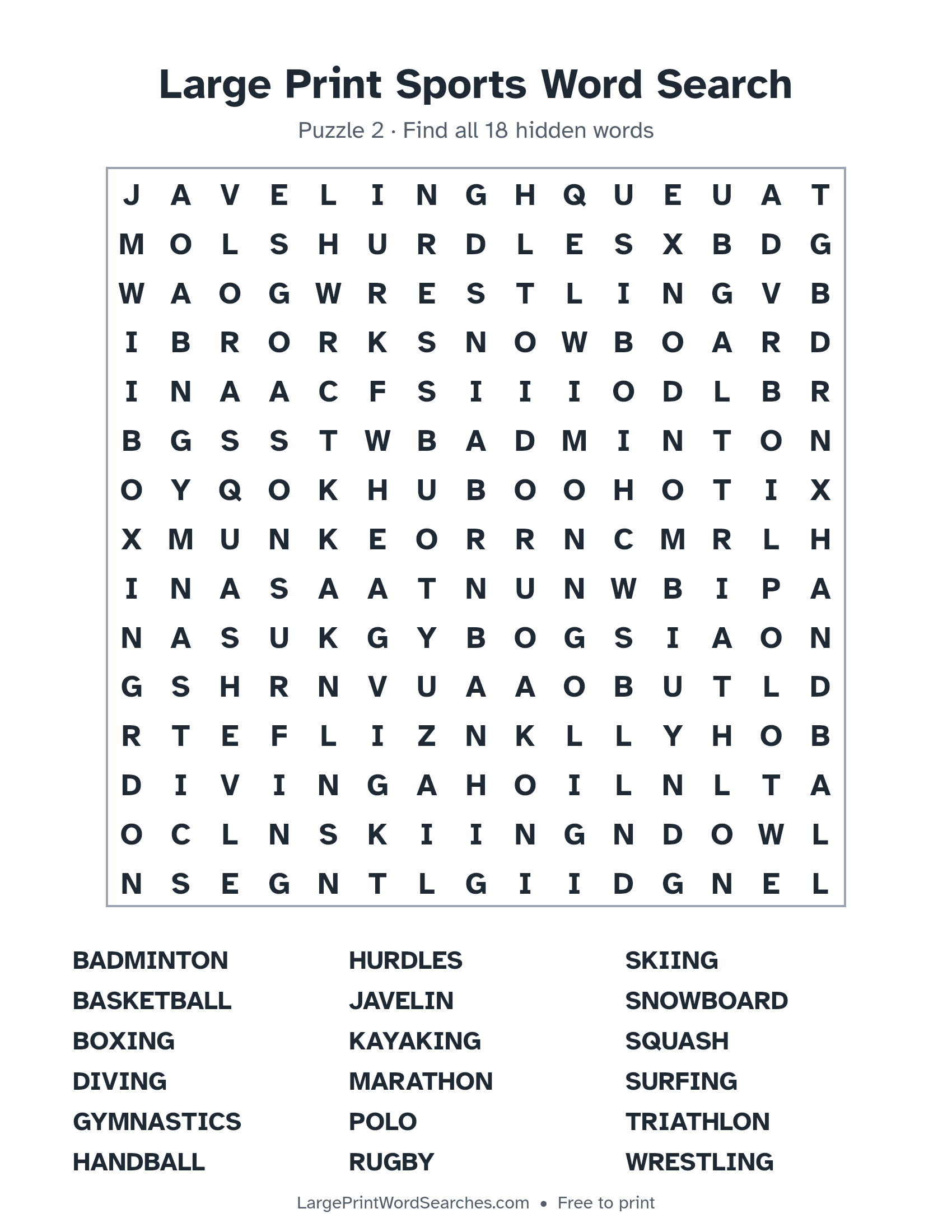 Large Print Sports Word Search puzzle 2: a 15 by 15 letter grid with 18 hidden words in large print