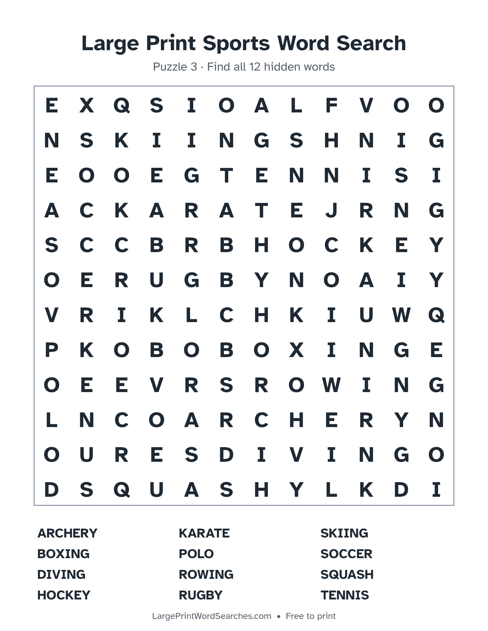 Large Print Sports Word Search puzzle 3: a 12 by 12 letter grid with 12 hidden words in large print