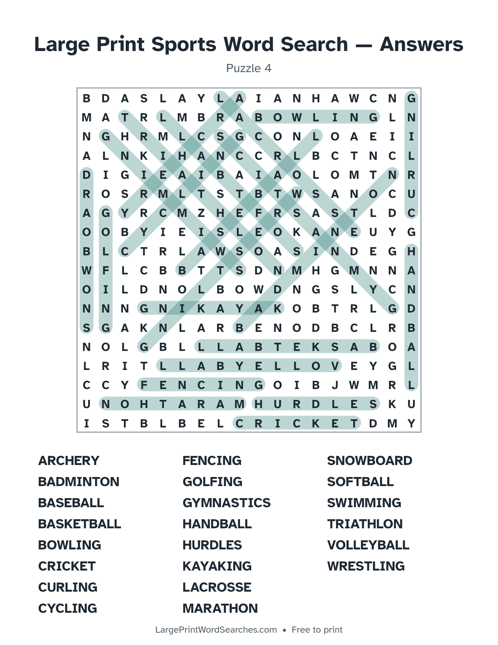 Answer key for large print sports word search puzzle 4 with every hidden word highlighted