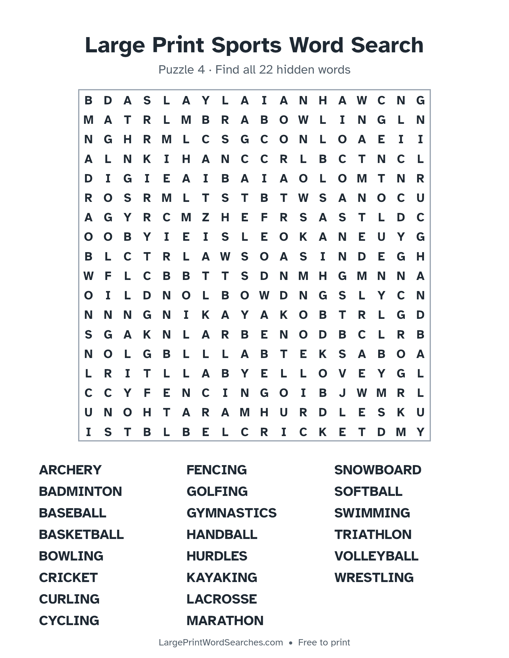 Large Print Sports Word Search puzzle 4: a 18 by 18 letter grid with 22 hidden words in large print
