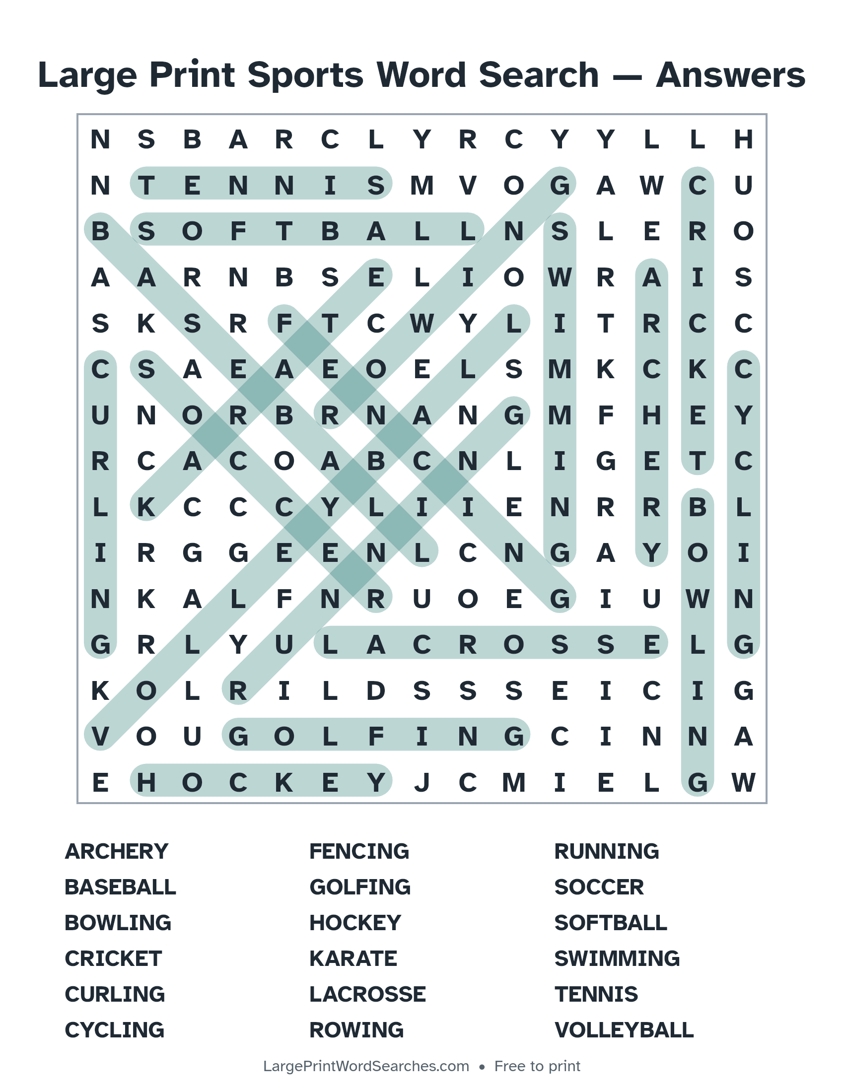 Answer key for large print sports word search puzzle 1 with every hidden word highlighted