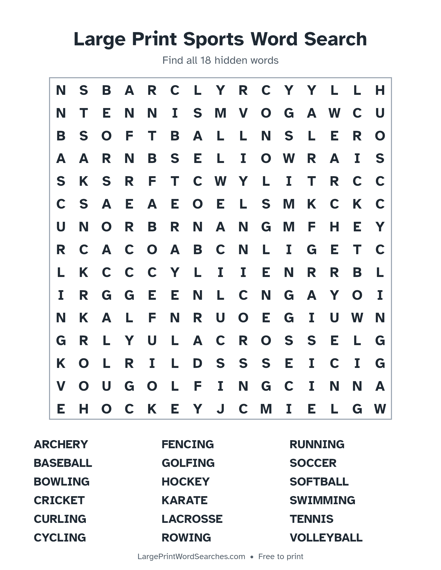 Large Print Sports Word Search puzzle 1: a 15 by 15 letter grid with 18 hidden words in large print
