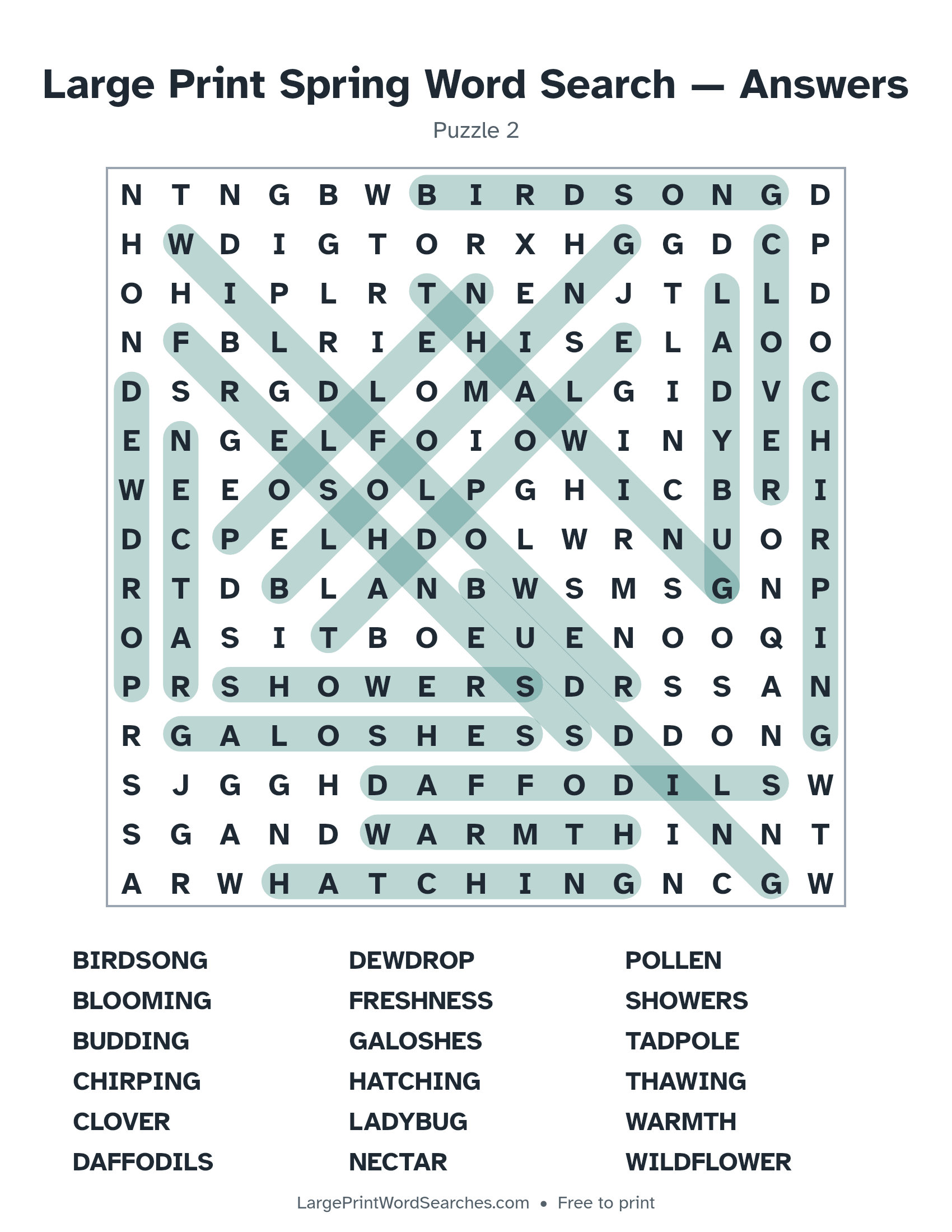 Answer key for large print spring word search puzzle 2 with every hidden word highlighted