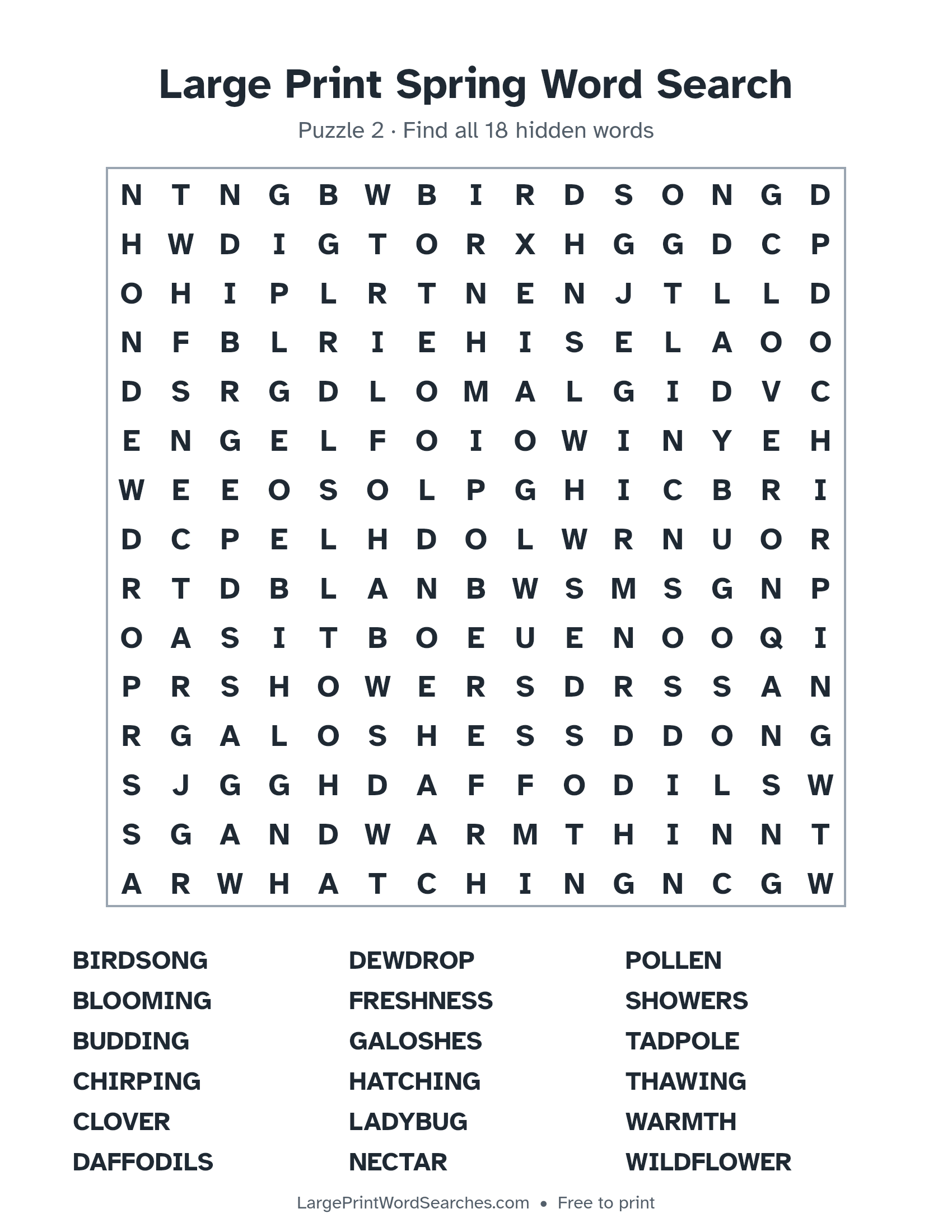 Large Print Spring Word Search puzzle 2: a 15 by 15 letter grid with 18 hidden words in large print