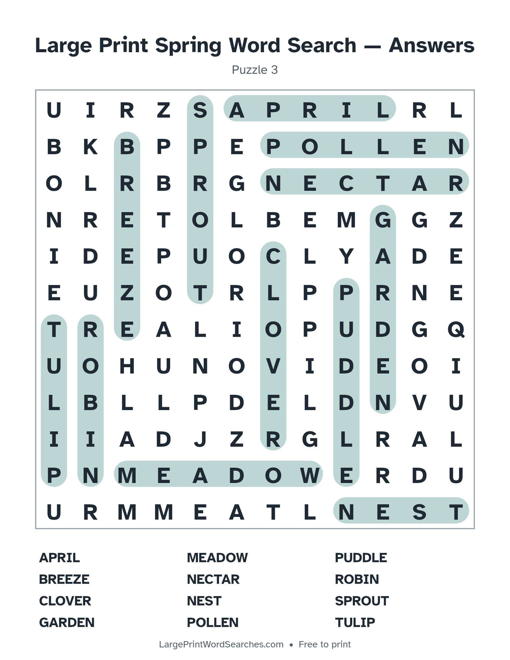 Answer key for large print spring word search puzzle 3 with every hidden word highlighted