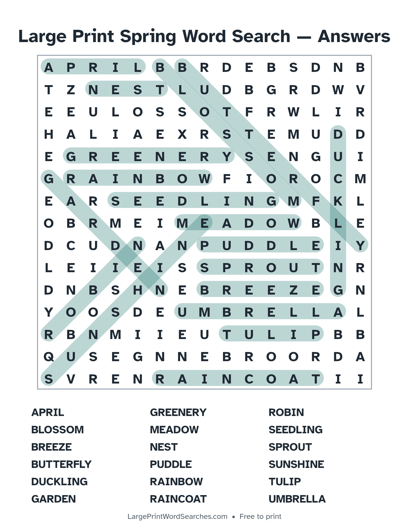 Answer key for large print spring word search puzzle 1 with every hidden word highlighted