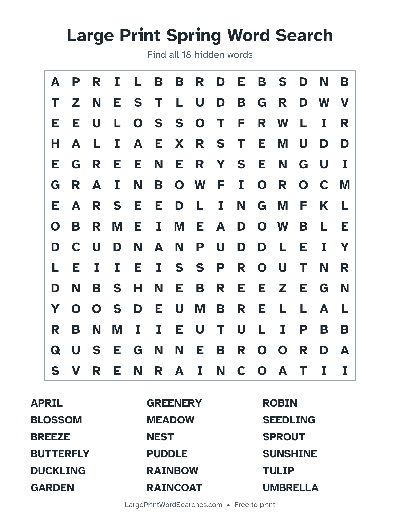 Large Print Spring Word Search puzzle 1: a 15 by 15 letter grid with 18 hidden words in large print