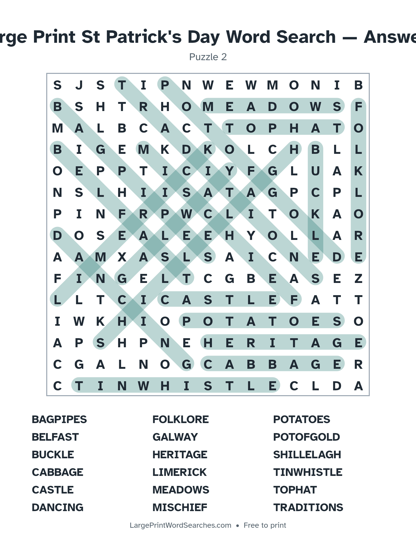 Answer key for large print st patrick's day word search puzzle 2 with every hidden word highlighted