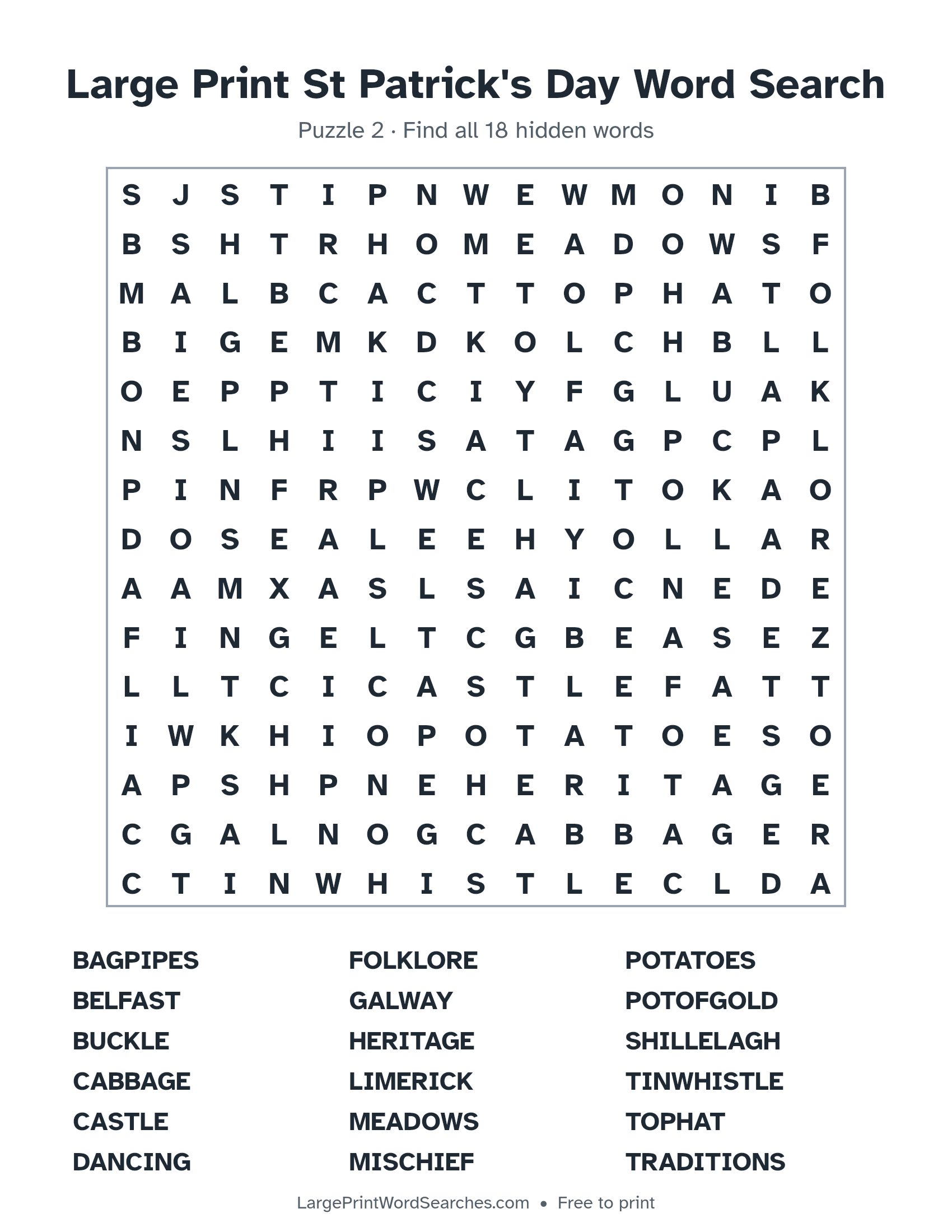 Large Print St Patrick's Day Word Search puzzle 2: a 15 by 15 letter grid with 18 hidden words in large print