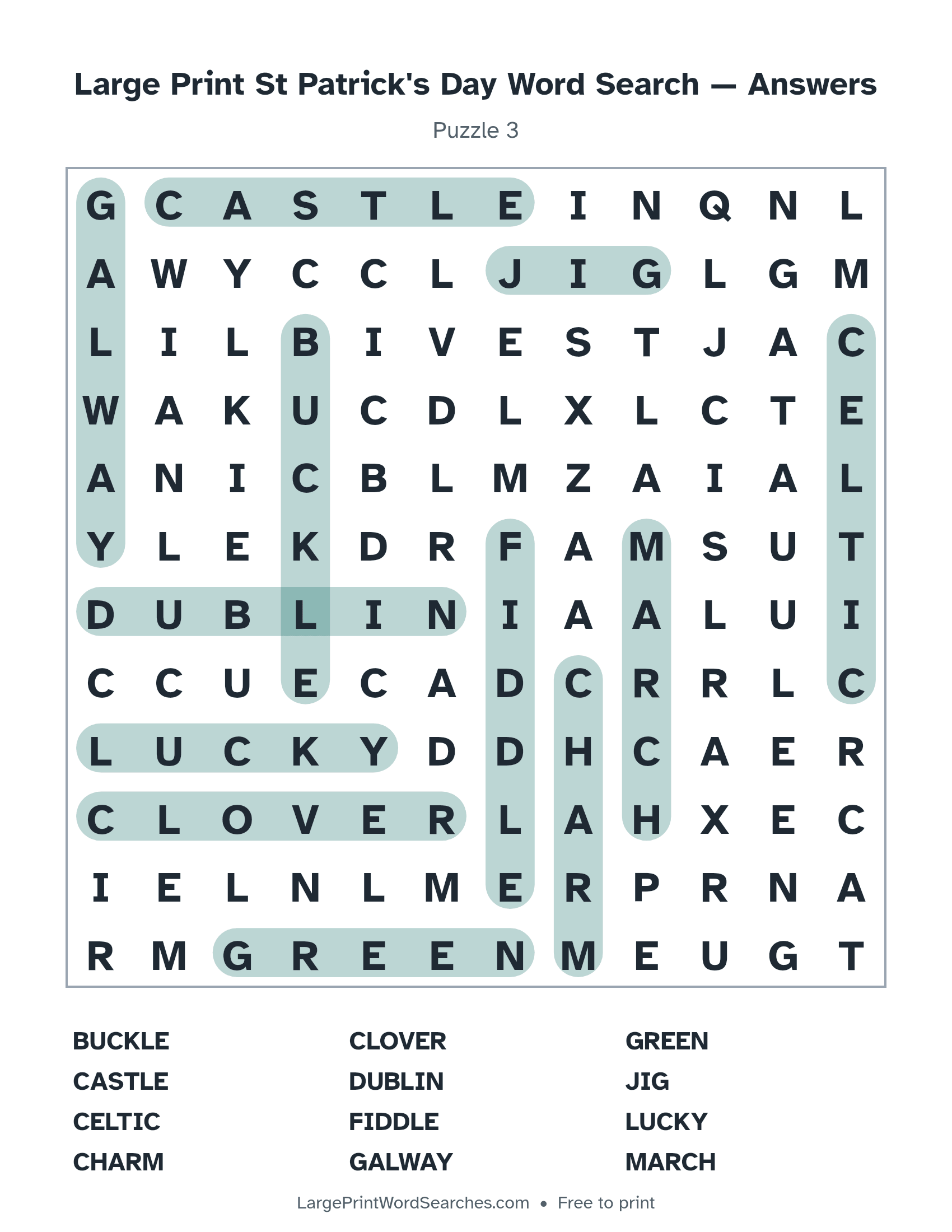 Answer key for large print st patrick's day word search puzzle 3 with every hidden word highlighted