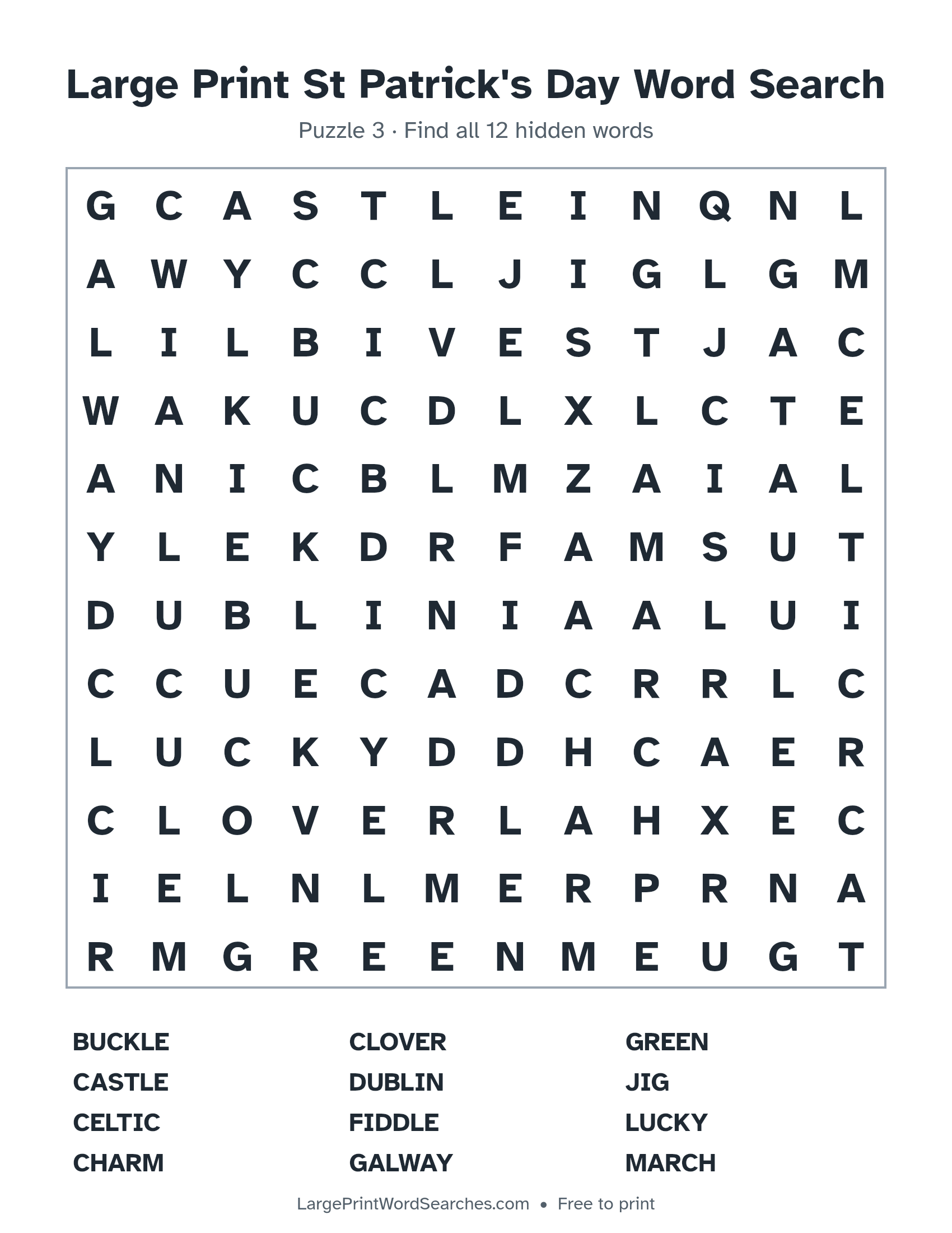 Large Print St Patrick's Day Word Search puzzle 3: a 12 by 12 letter grid with 12 hidden words in large print